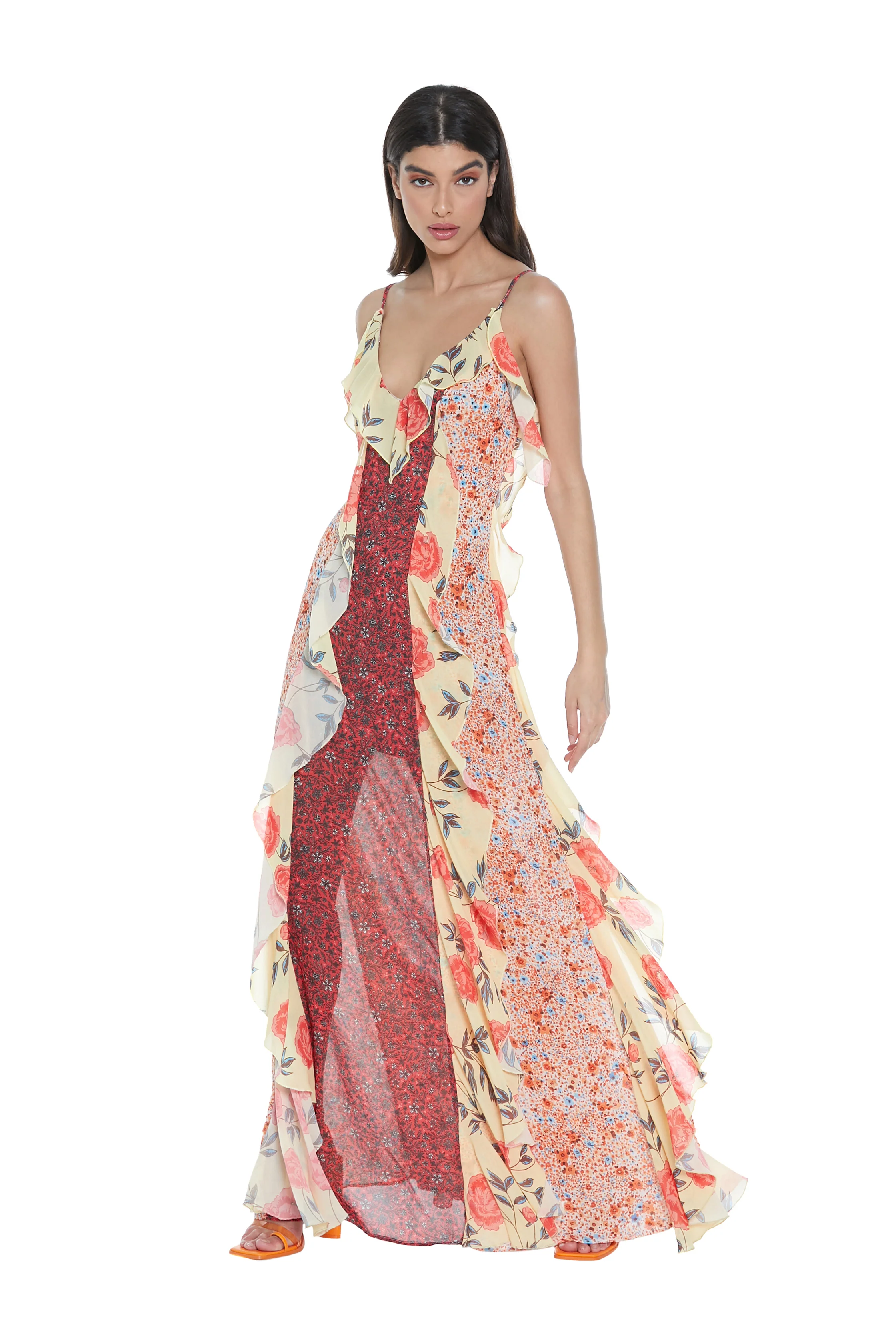 Abito PEACOCK lungo con spalline più rouches stampa fiori multicolor - Image 2