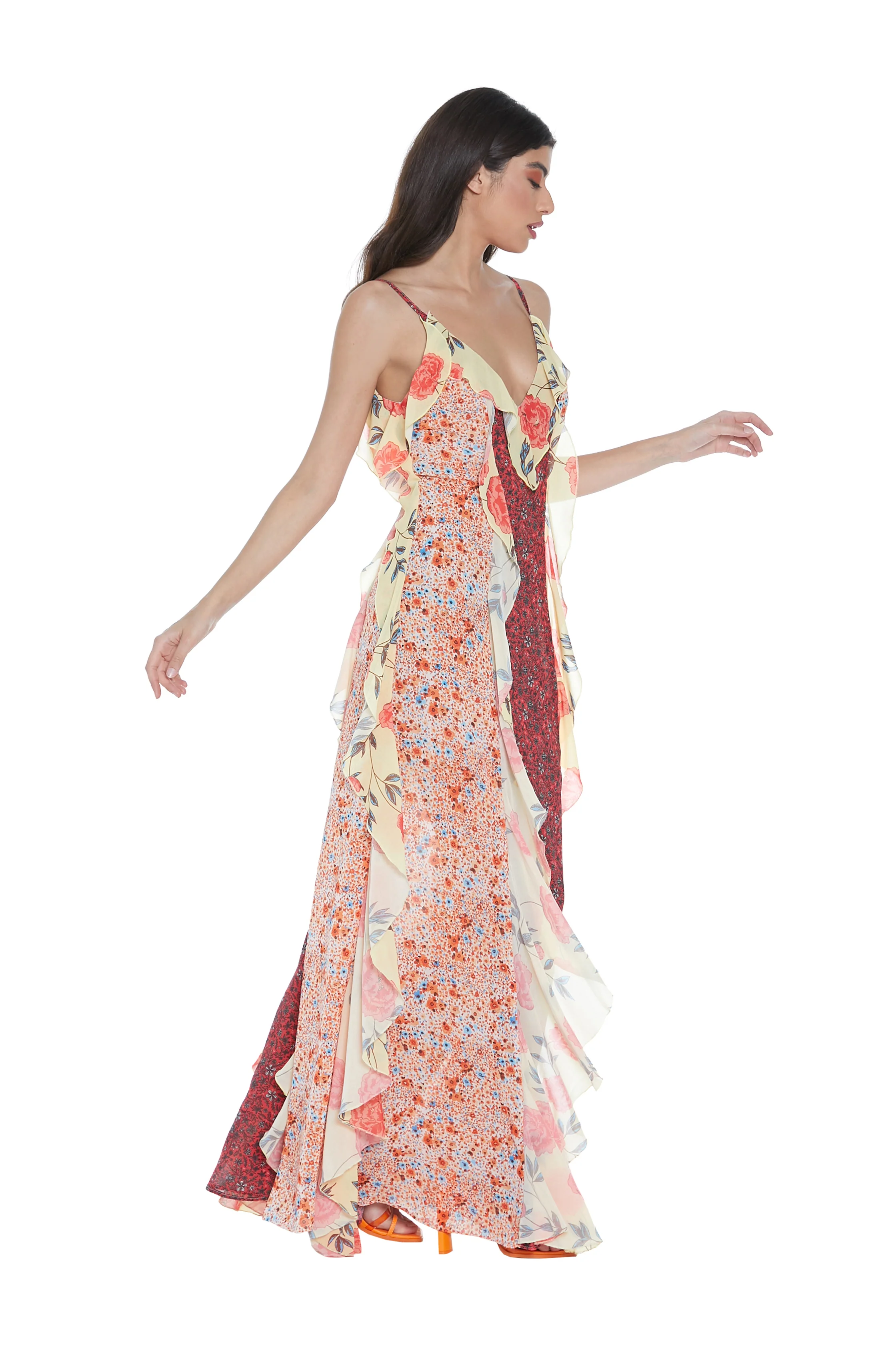 Abito PEACOCK lungo con spalline più rouches stampa fiori multicolor - Image 3