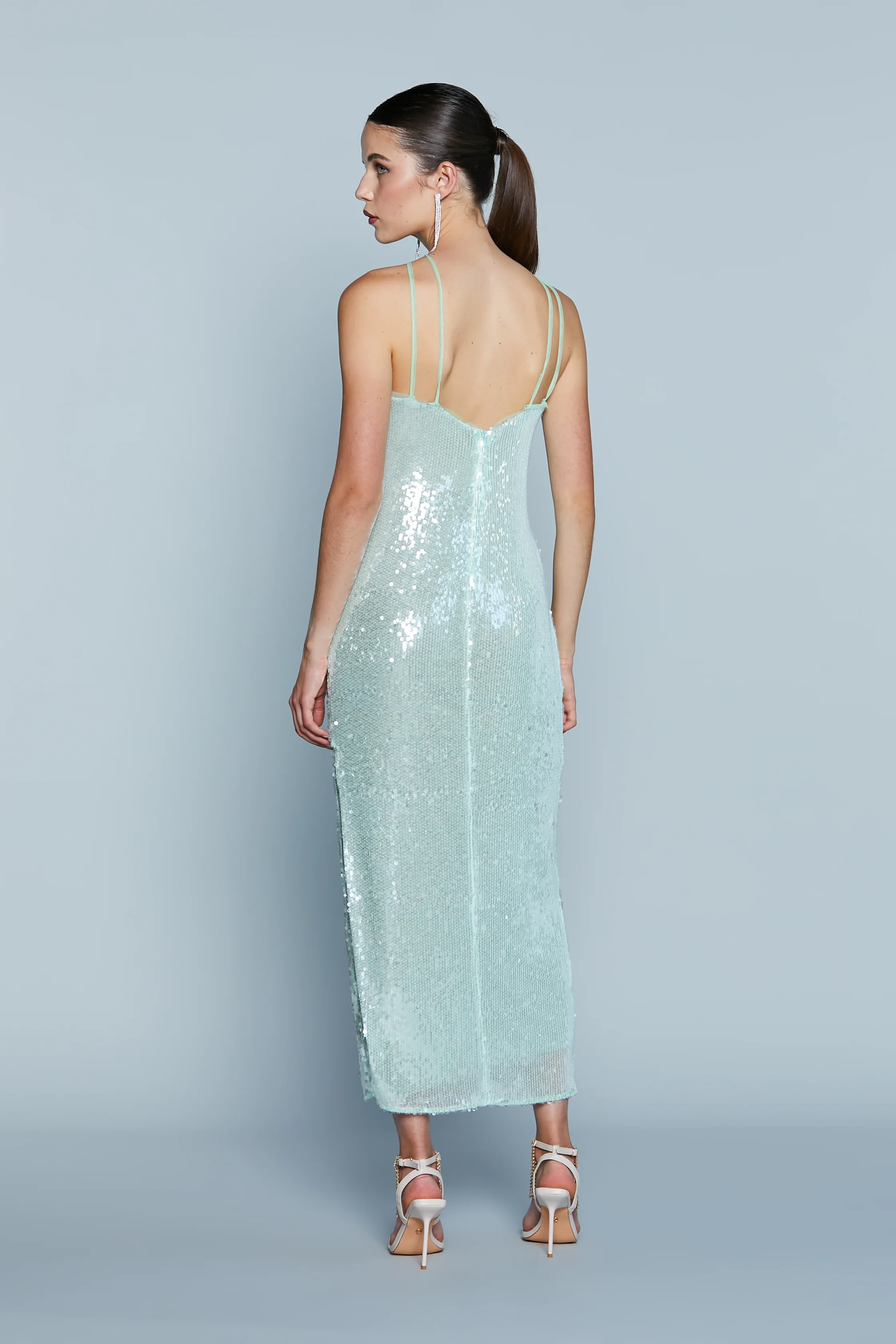 Abito VELHO Lungo con Bretelle Tulle Full Paillettes - Image 3