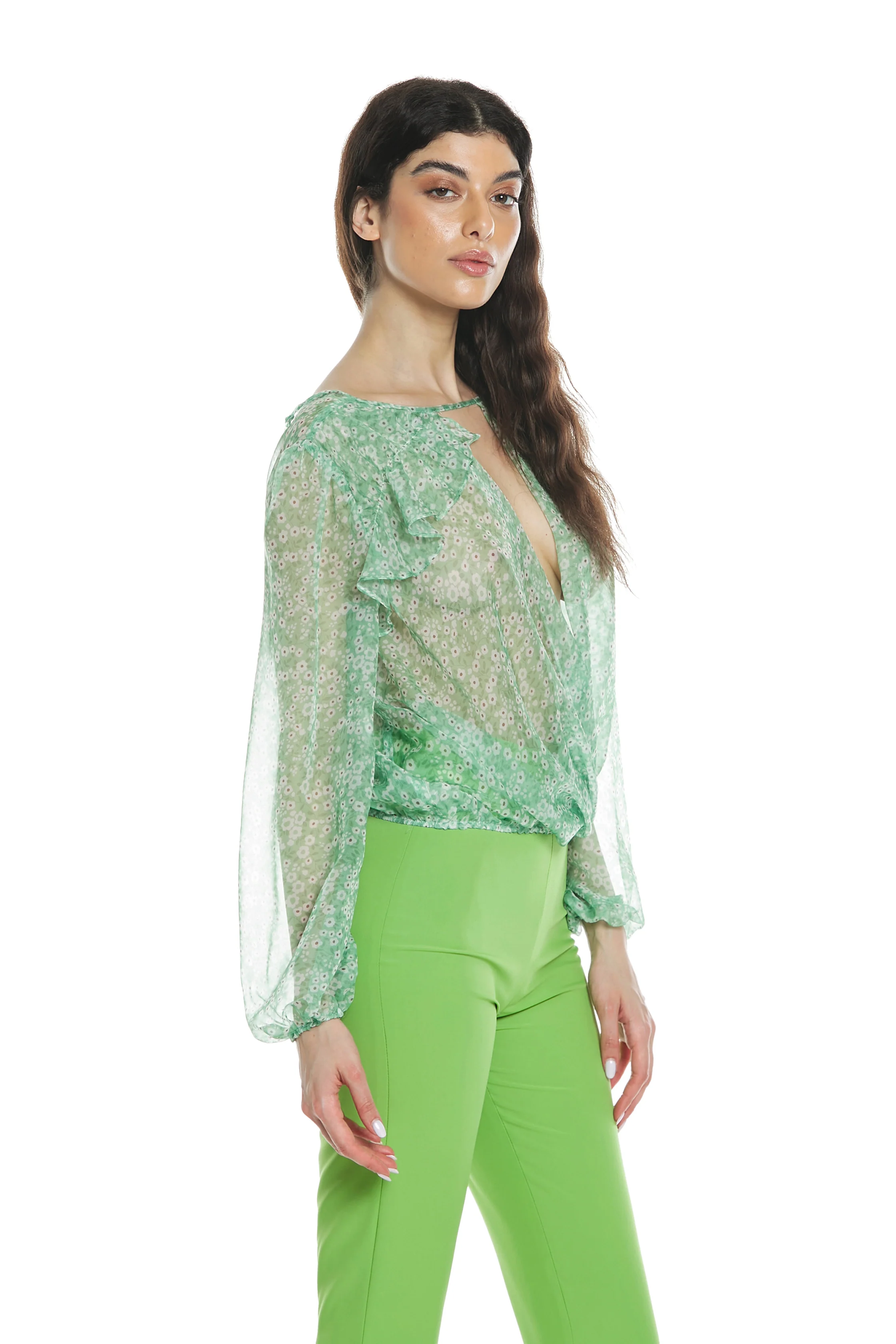 Blusa ANTAR manica lunga con elastico scollo incrocio più goccia schiena fantasia fiori - Image 3