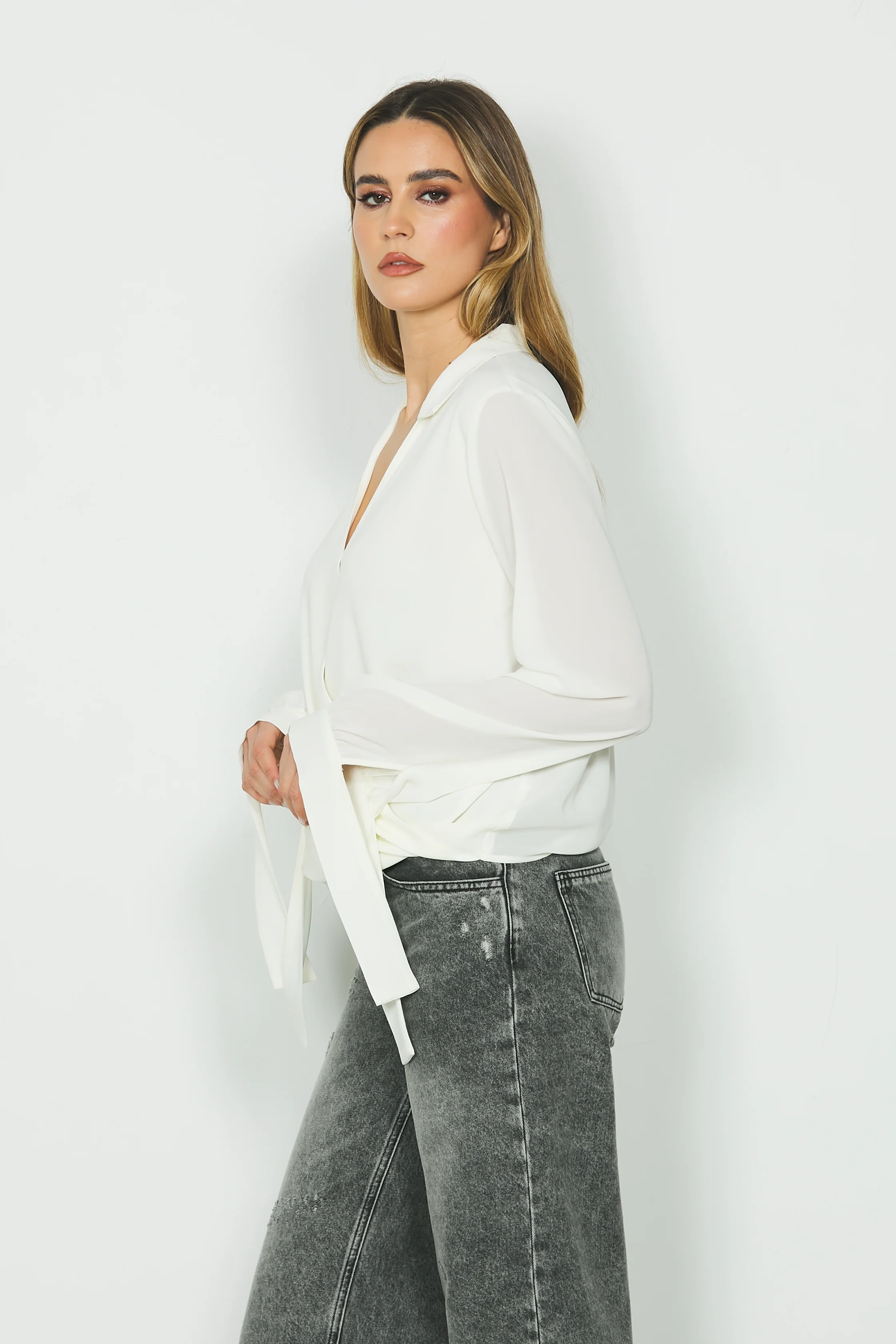Blusa CRISTEL manica lunga con fusciacca scollo incrocio - Image 2