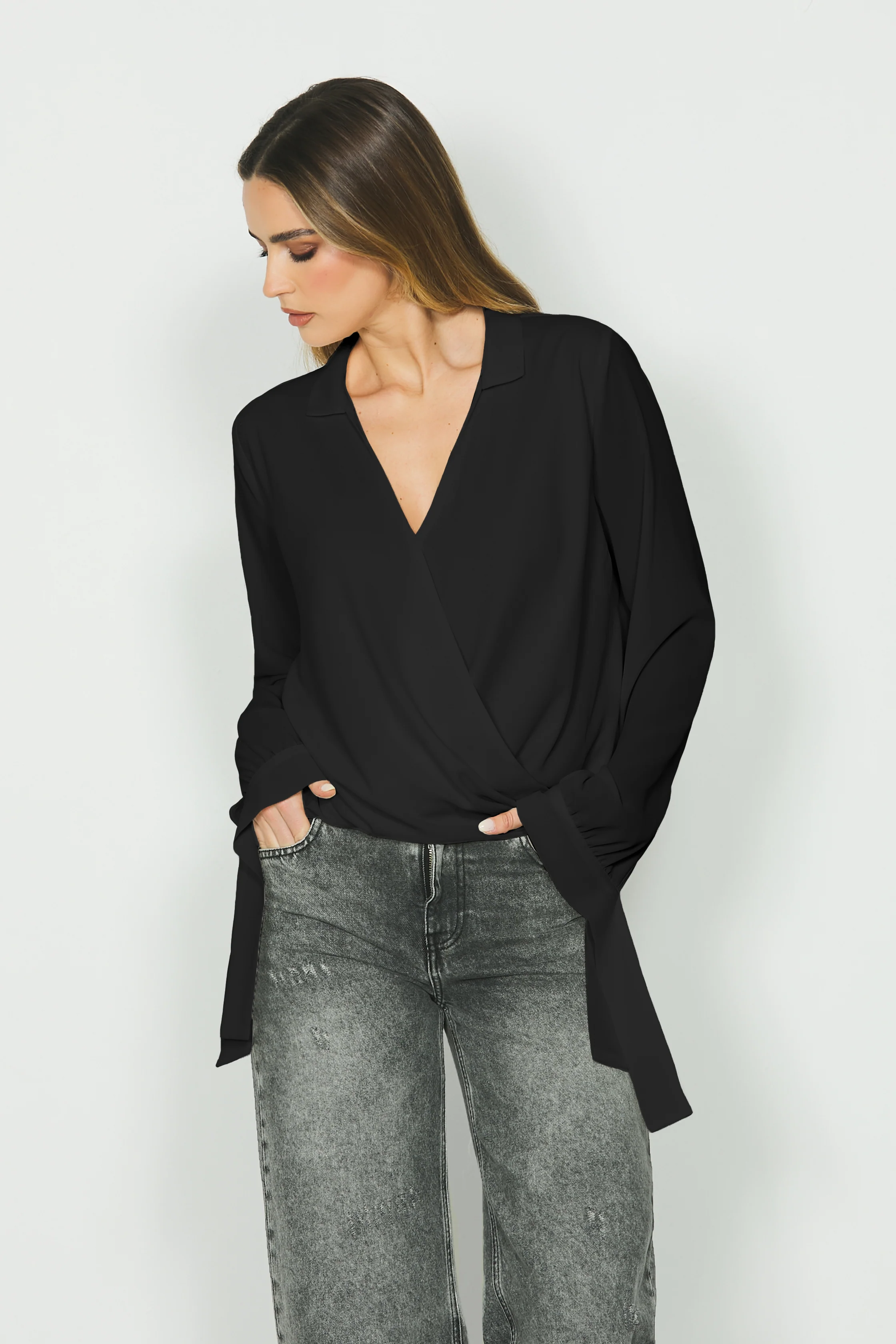 Blusa CRISTEL manica lunga con fusciacca scollo incrocio - Image 4
