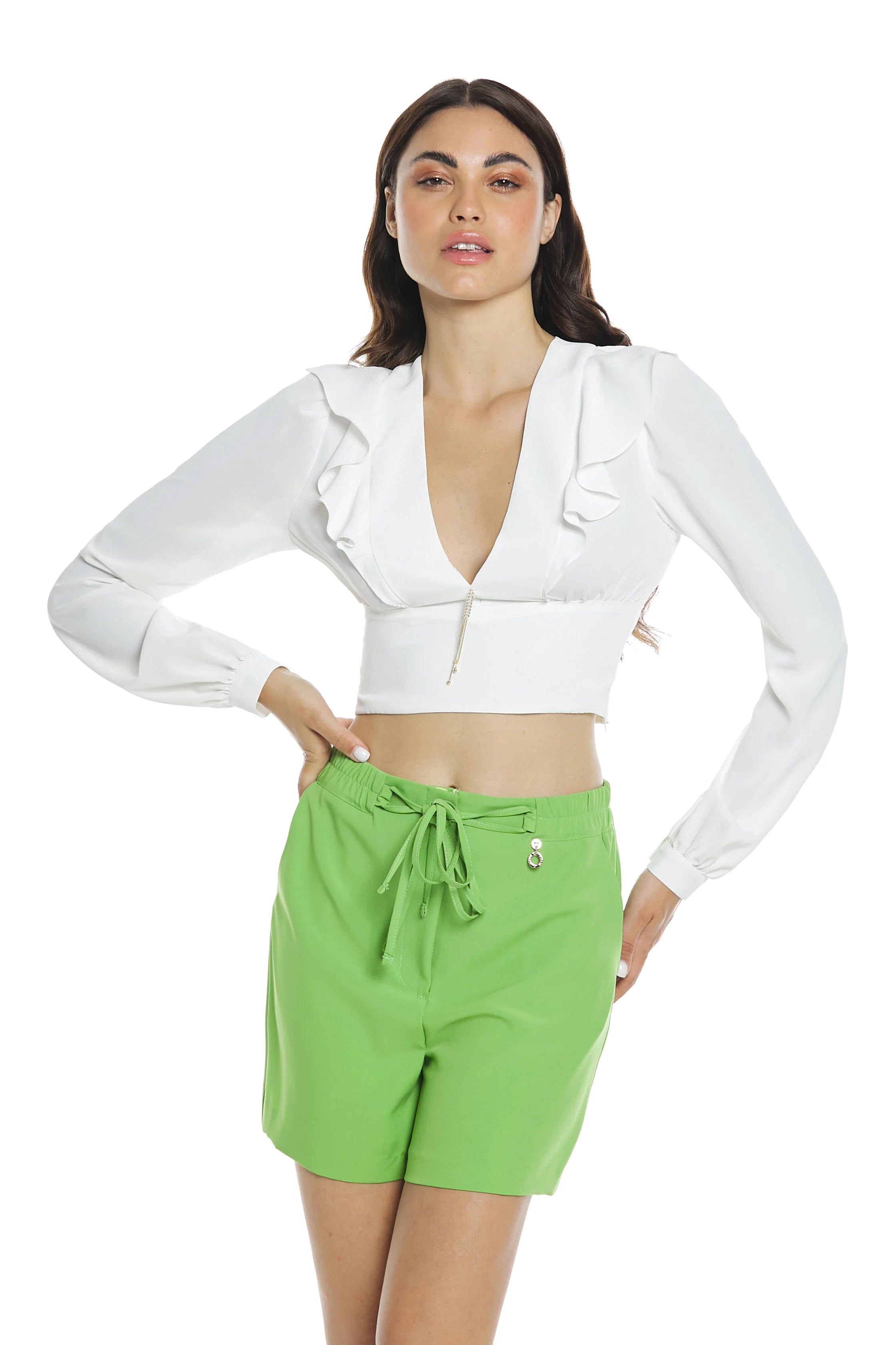 Blusa HILMI corta manica lunga scollo v ampio con accessorio gioiello più rouches - Image 2