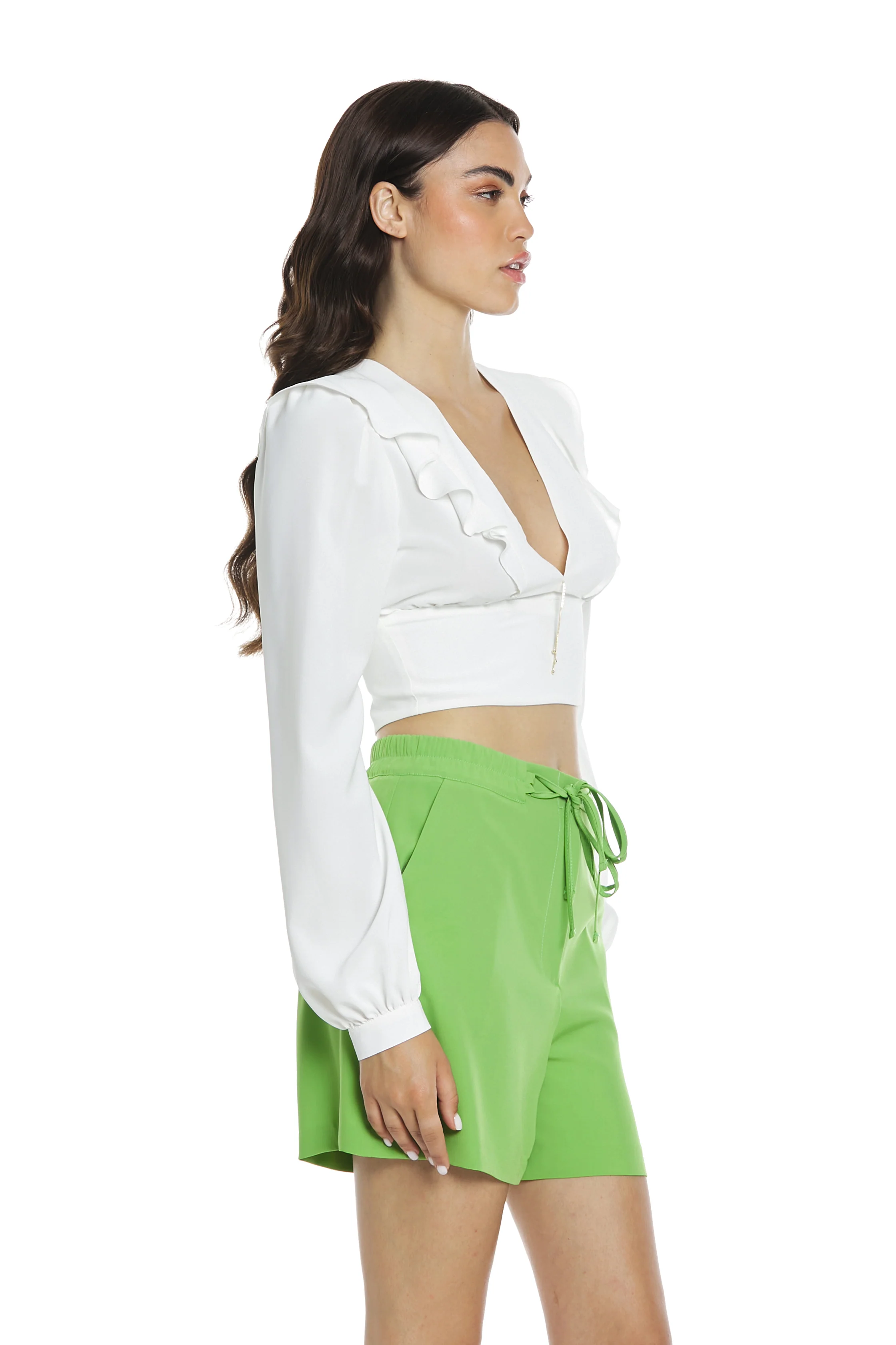 Blusa HILMI corta manica lunga scollo v ampio con accessorio gioiello più rouches - Image 3