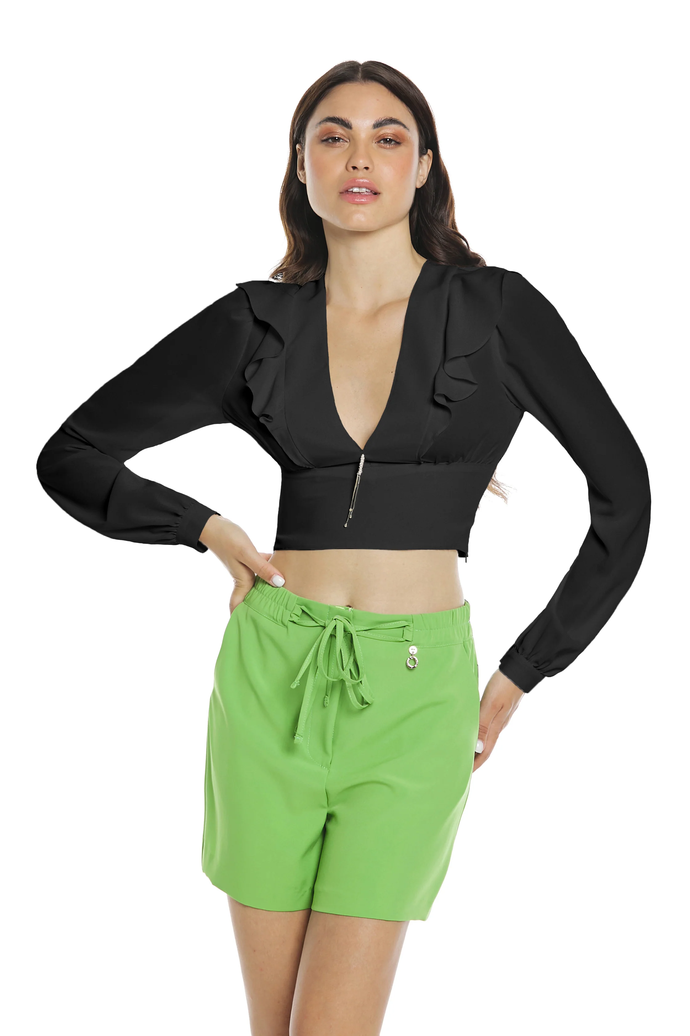 Blusa HILMI corta manica lunga scollo v ampio con accessorio gioiello più rouches - Image 6