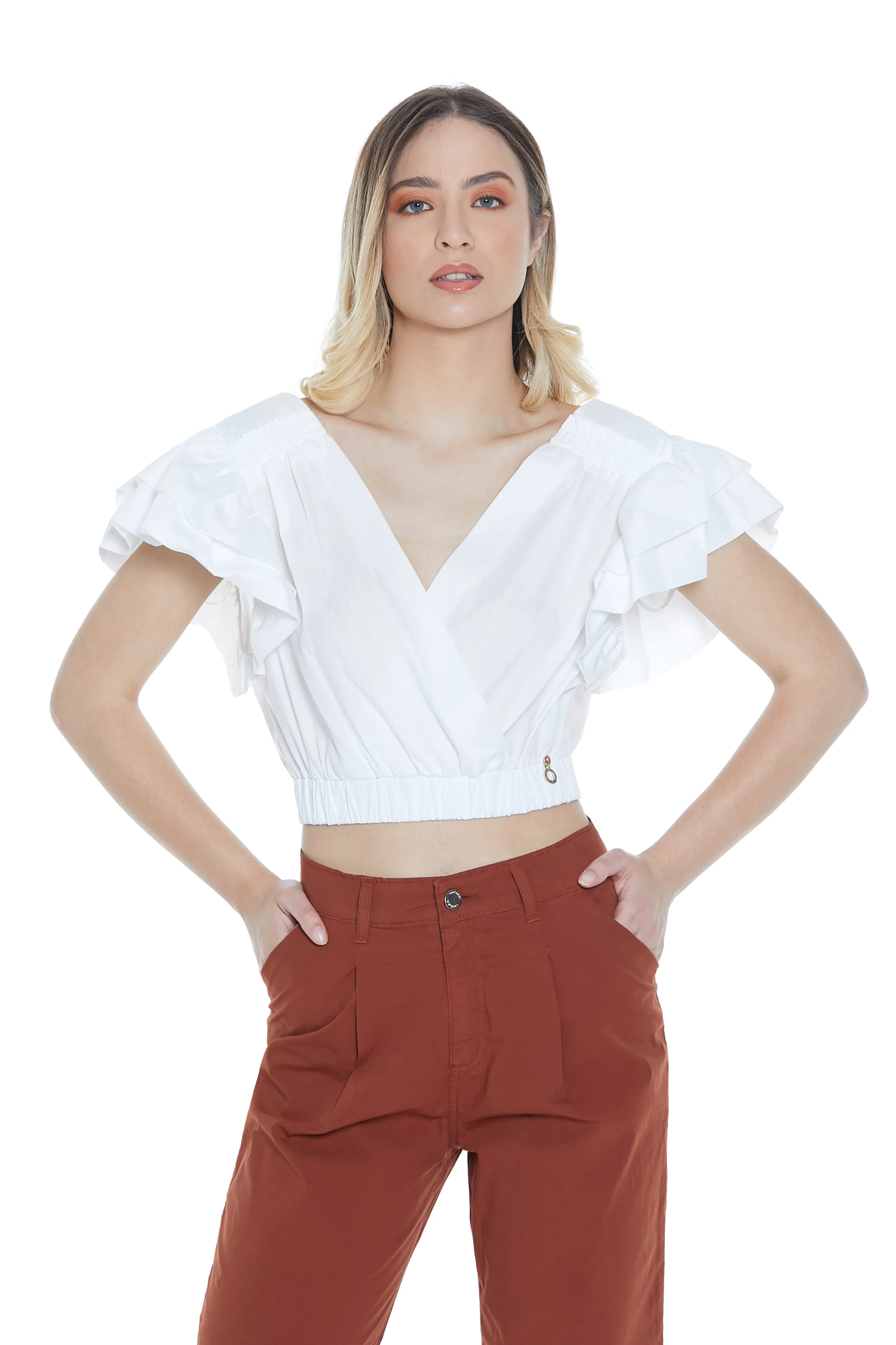 Blusa OTSUKO corta mezza manica rouches doppio scollo incrocio con elastico fondo - Image 2