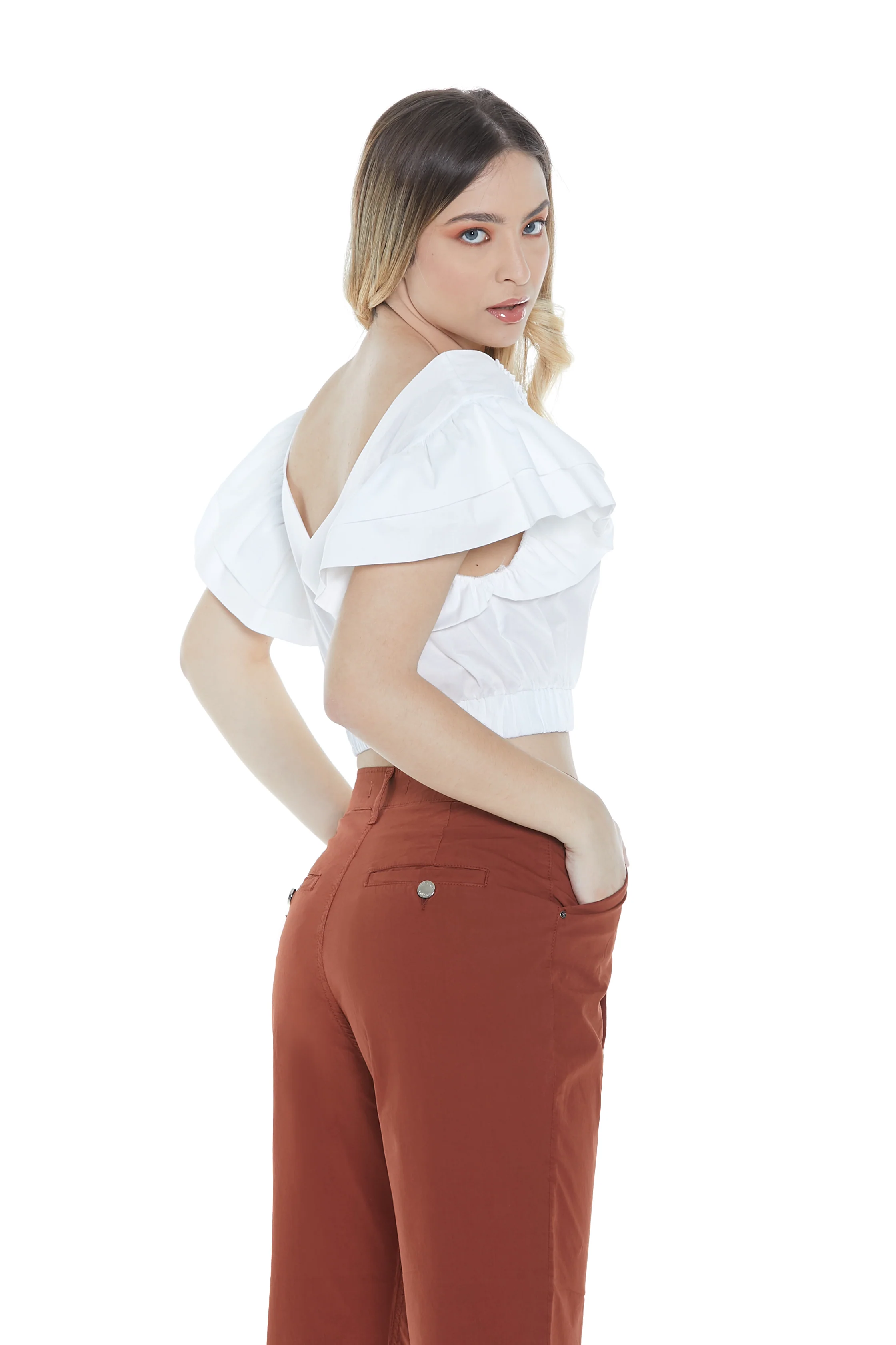 Blusa OTSUKO corta mezza manica rouches doppio scollo incrocio con elastico fondo - Image 4