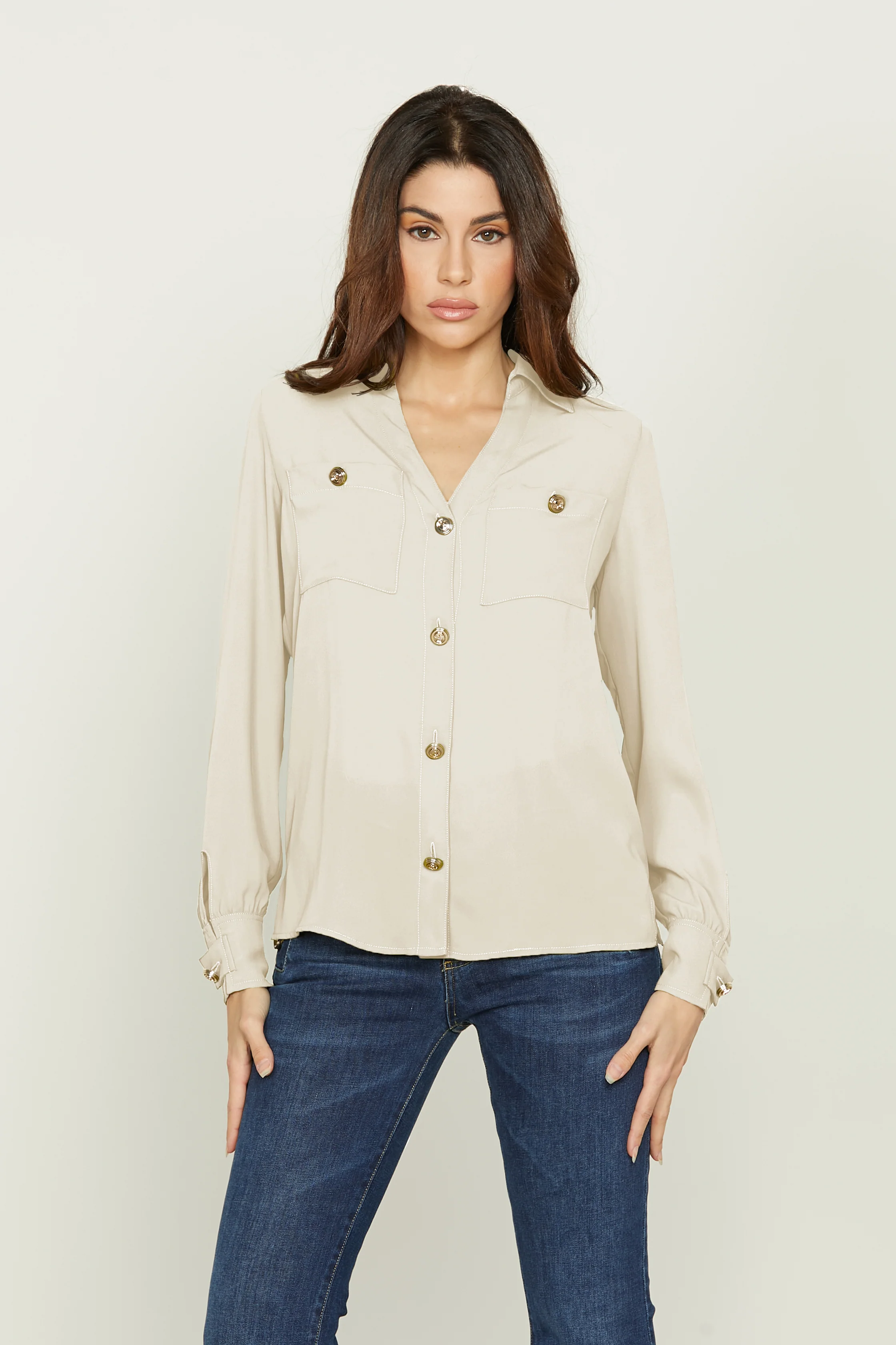 Camicia DENES manica lunga con martingala più tasche più bottoni gold - Image 5