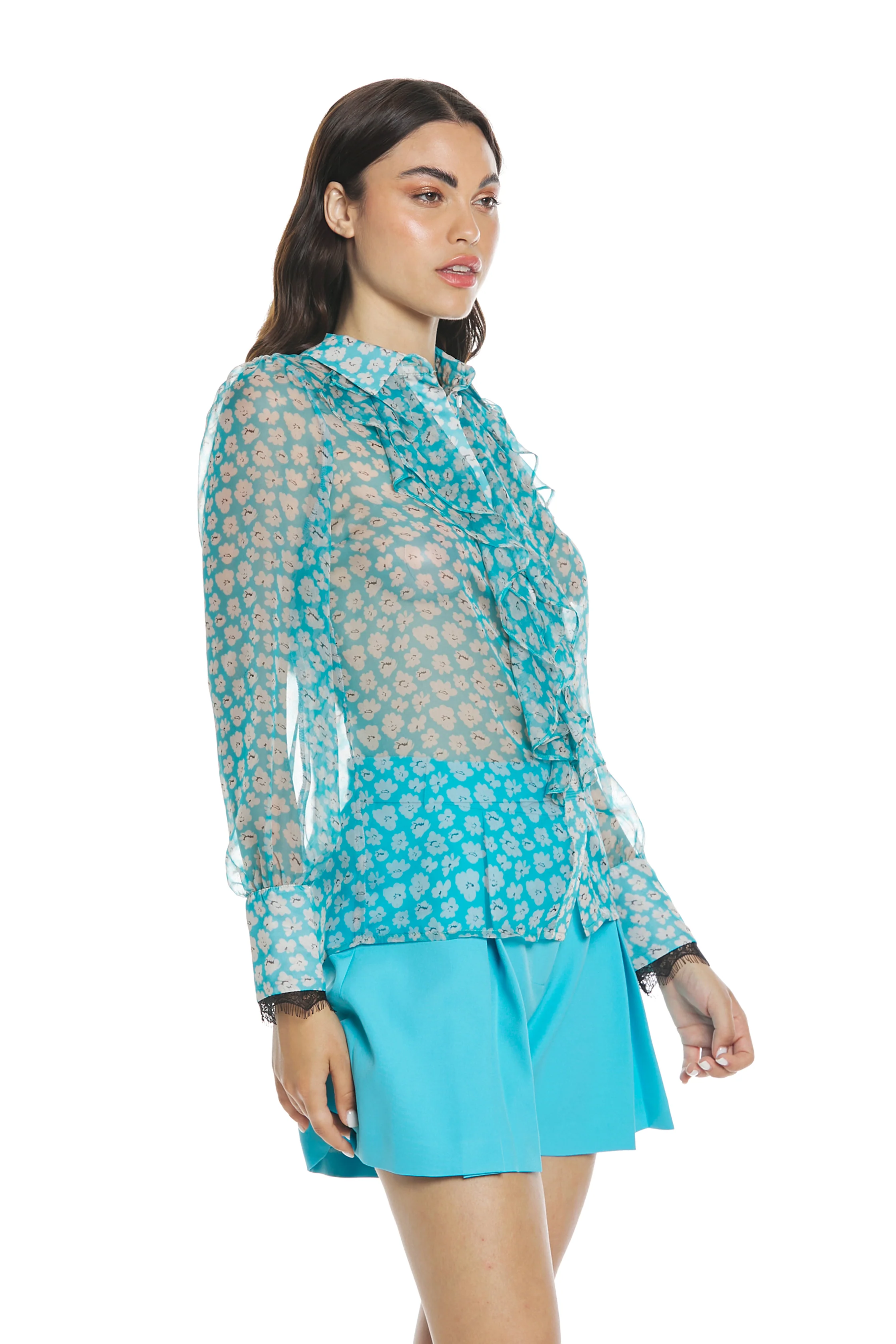 Camicia DIOPTA manica lunga con bordo pizzo più rouches fantasia fiori - Image 2