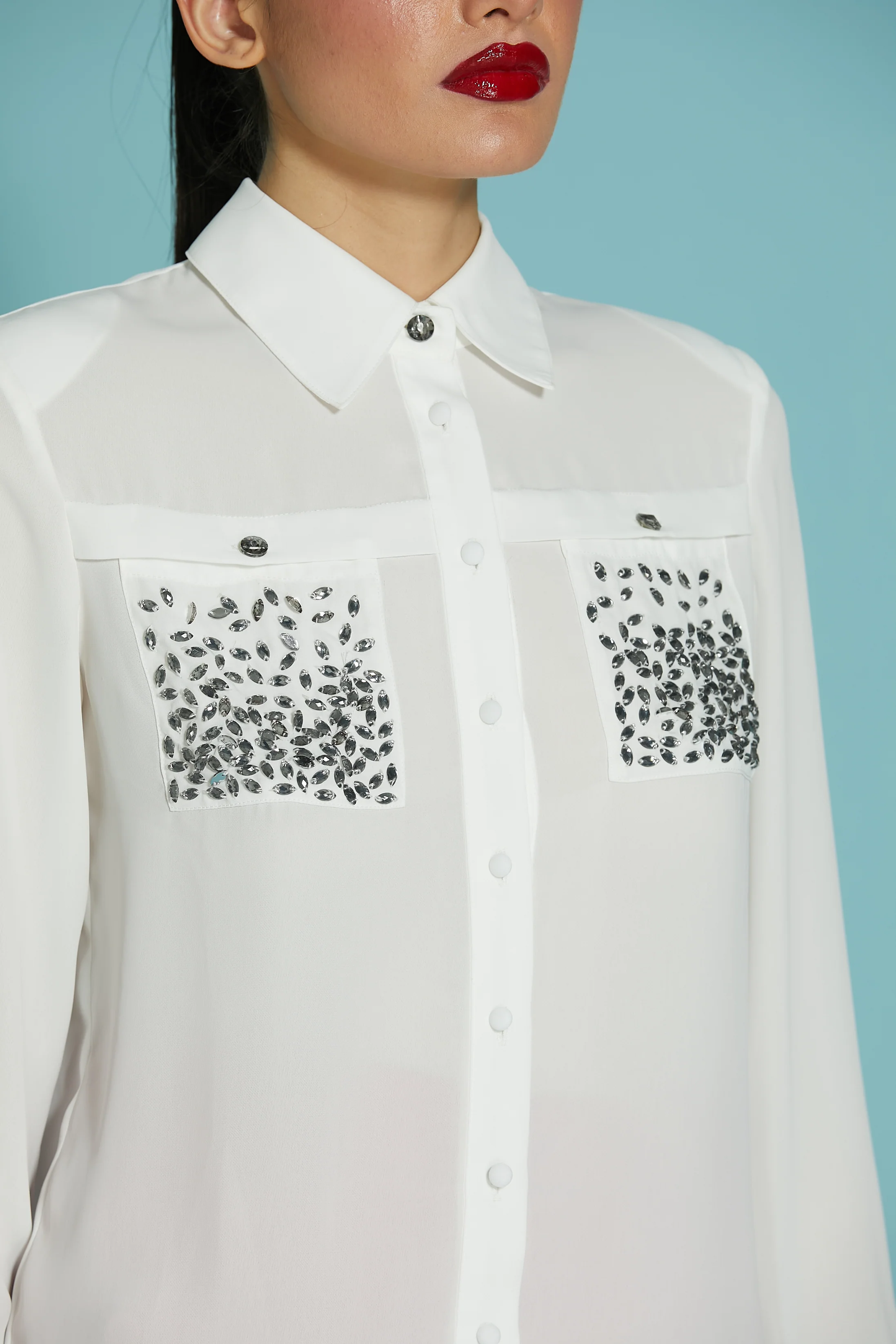 Camicia ENRICA manica lunga con tasche pietre strass - Image 4