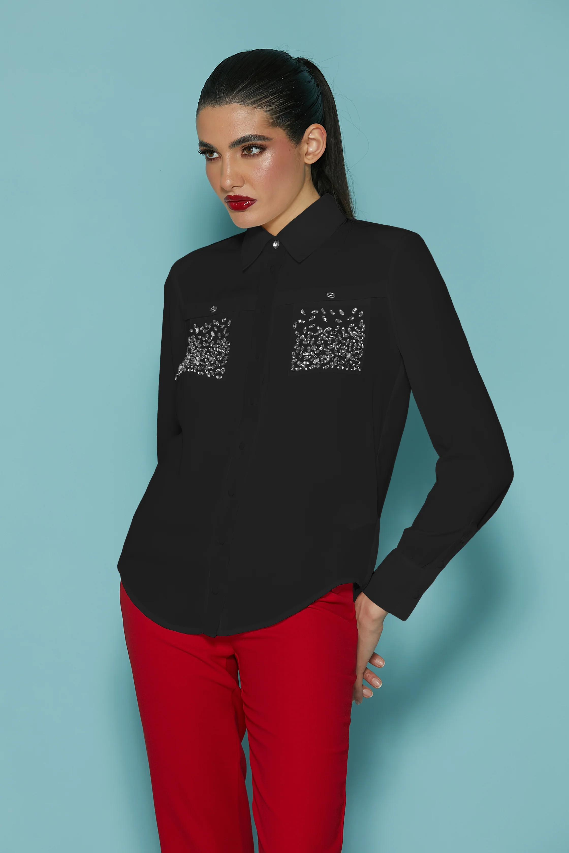 Camicia ENRICA manica lunga con tasche pietre strass - Image 5
