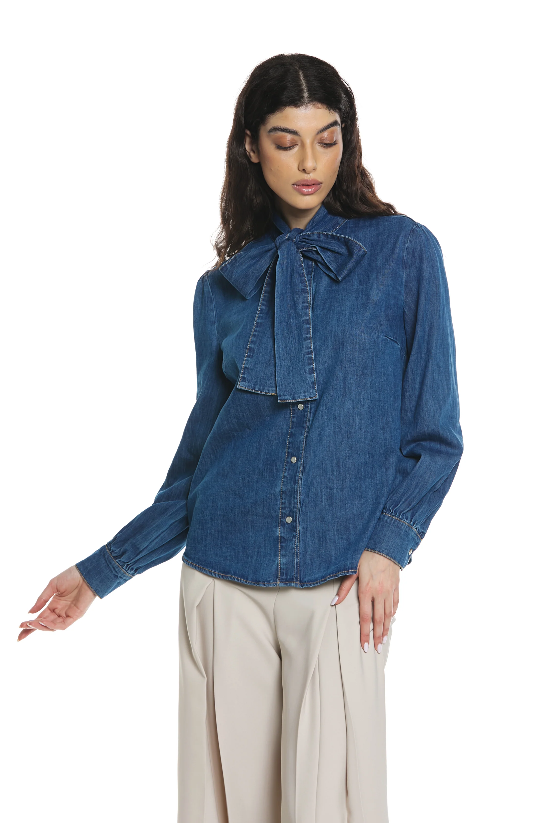 Camicia TORVI manica lunga con collo fiocco denim - Image 2