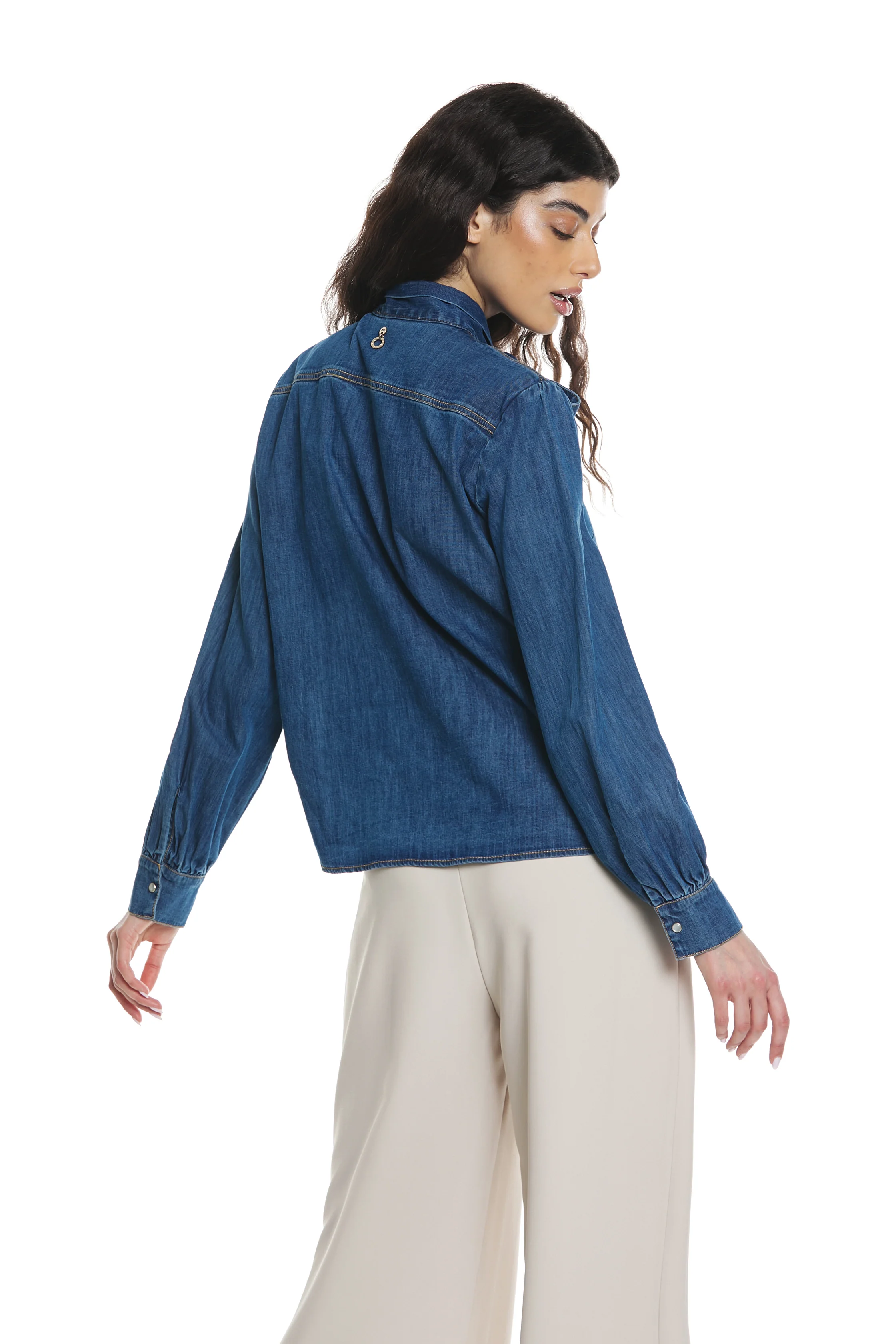 Camicia TORVI manica lunga con collo fiocco denim - Image 4