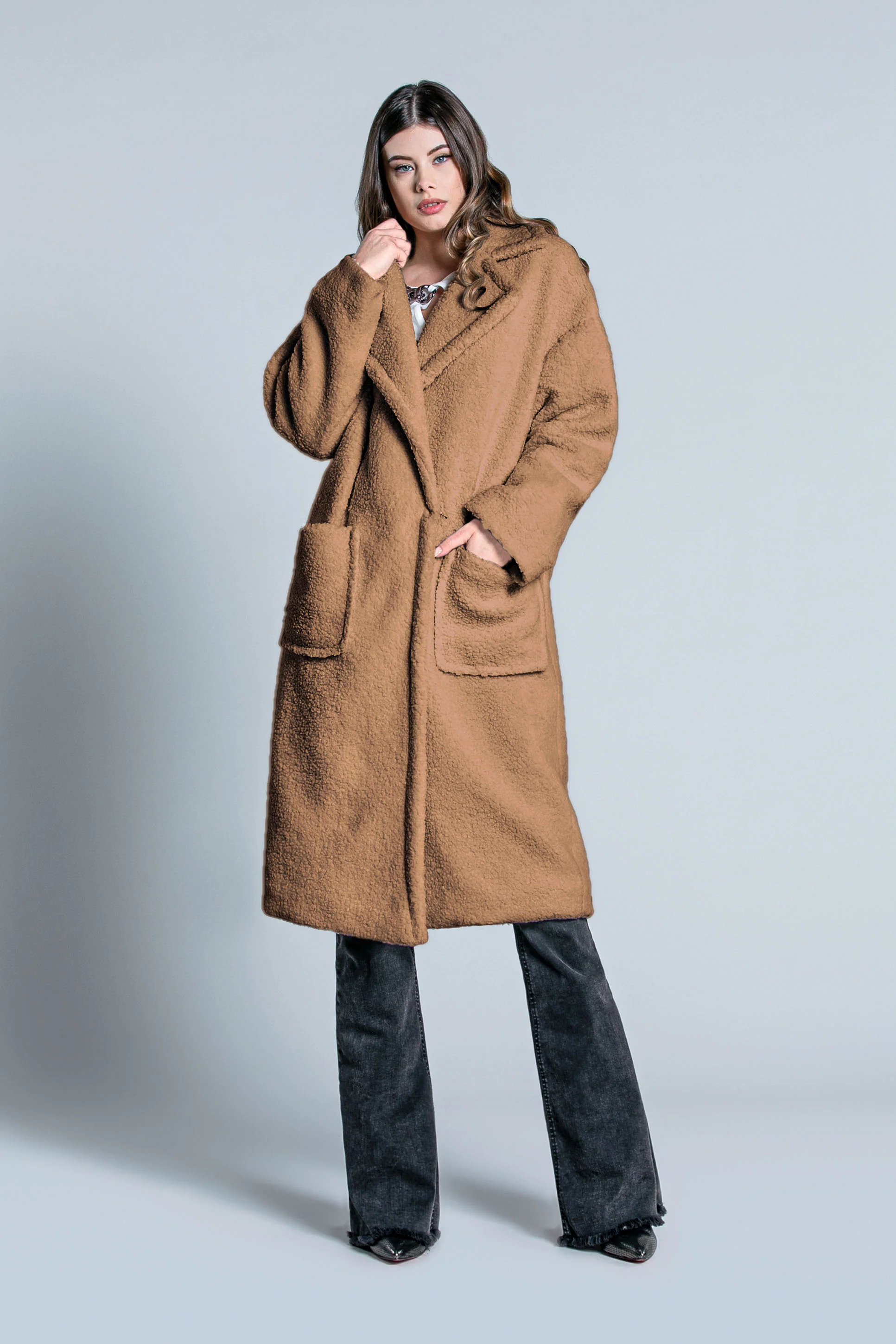 Cappotto TENDZY lungo manica lunga doppio petto con tasche Toppa orsetto - Image 4