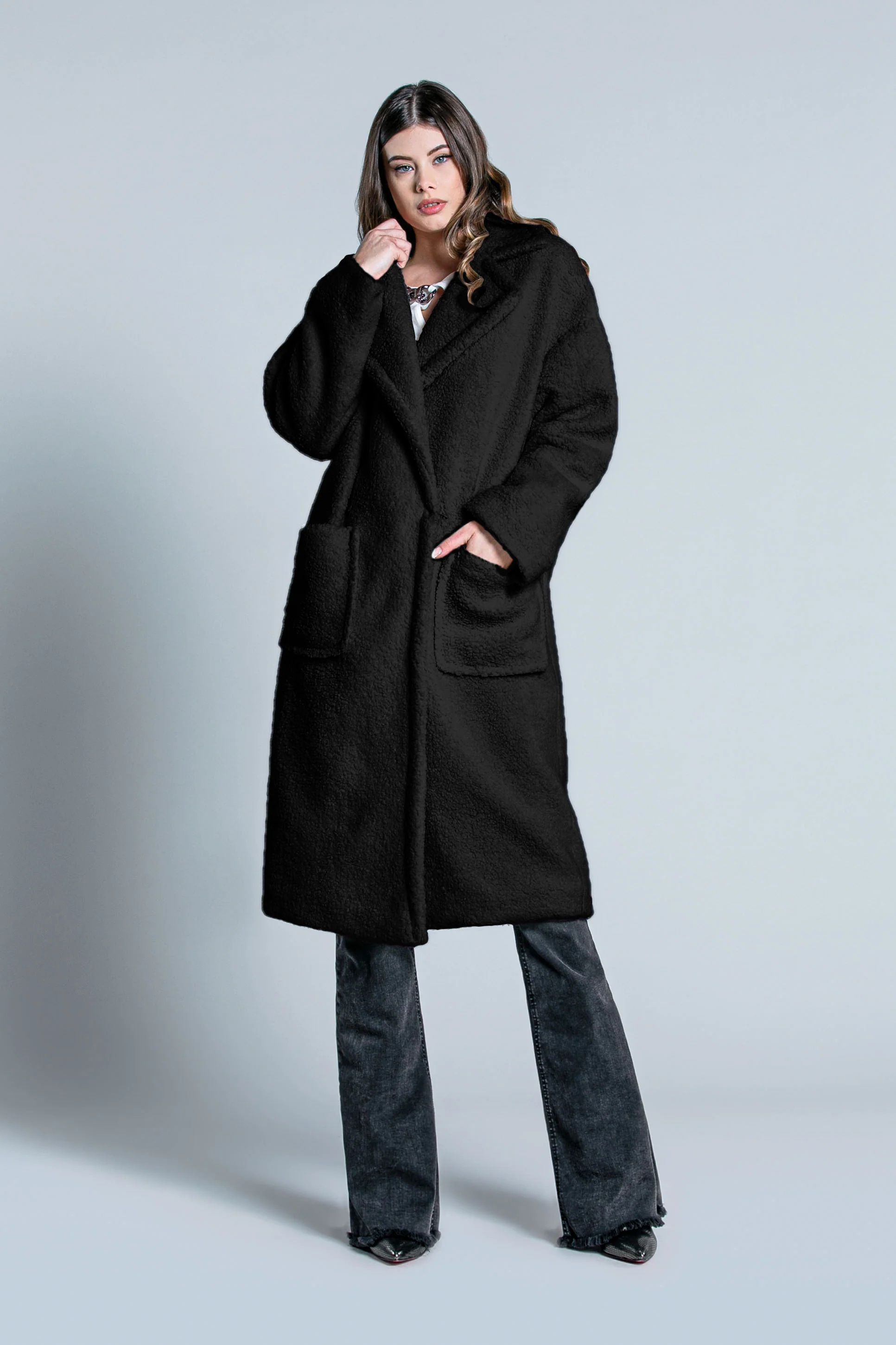 Cappotto TENDZY lungo manica lunga doppio petto con tasche Toppa orsetto - Image 5