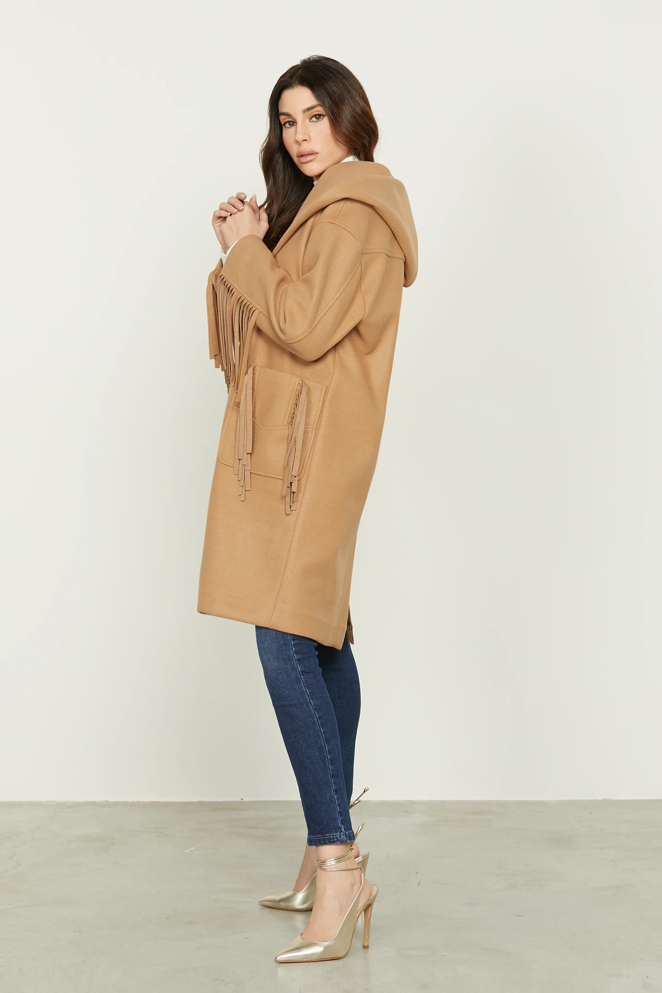 Cappotto WOWI manica lunga con cappuccio più tasche toppa più frange più bottone snap - Image 5