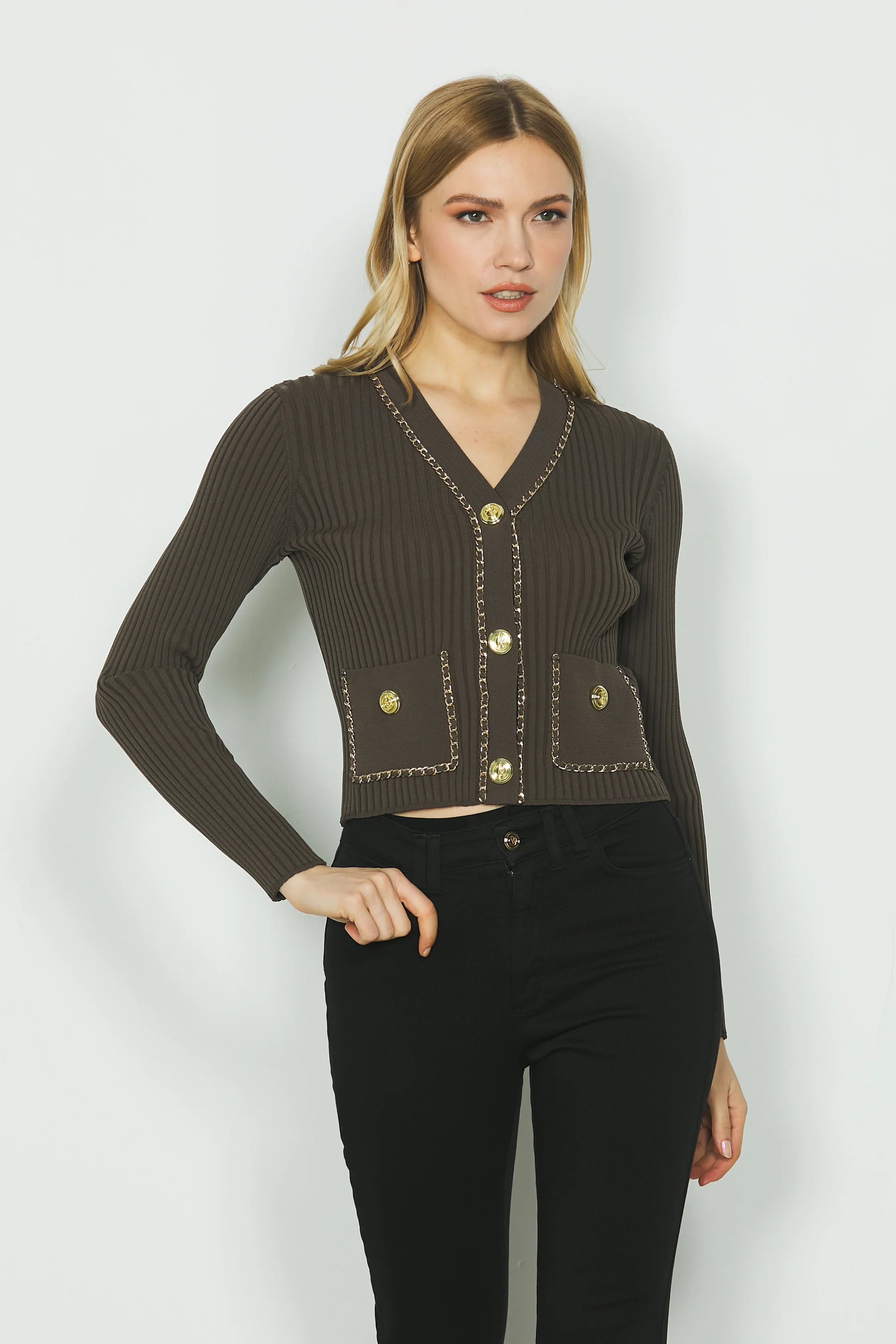 Cardigan AMELIA manica lunga con tasche più profili catena costina