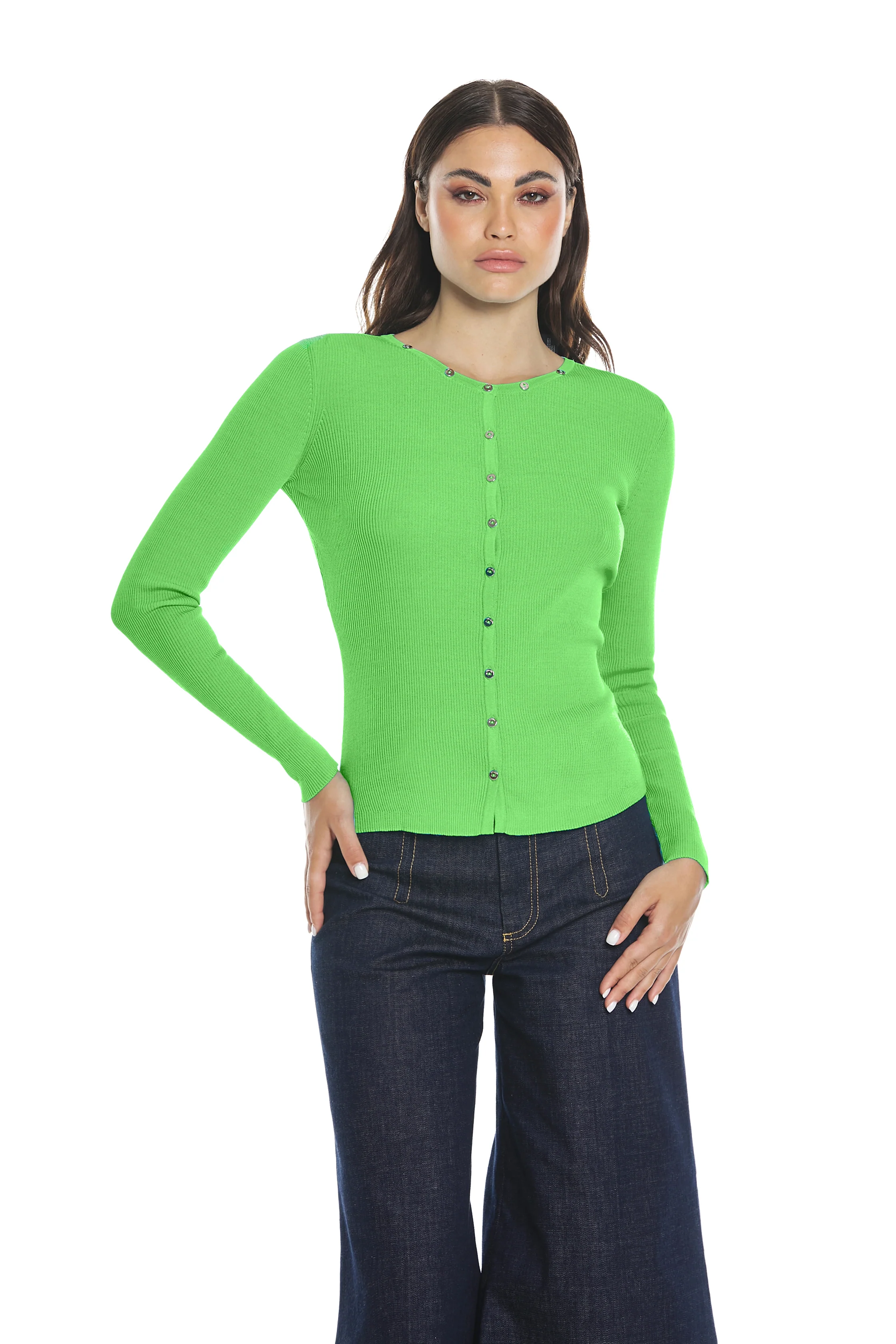 Cardigan BLENDA manica lunga con bottoncini bordi costina - Image 5