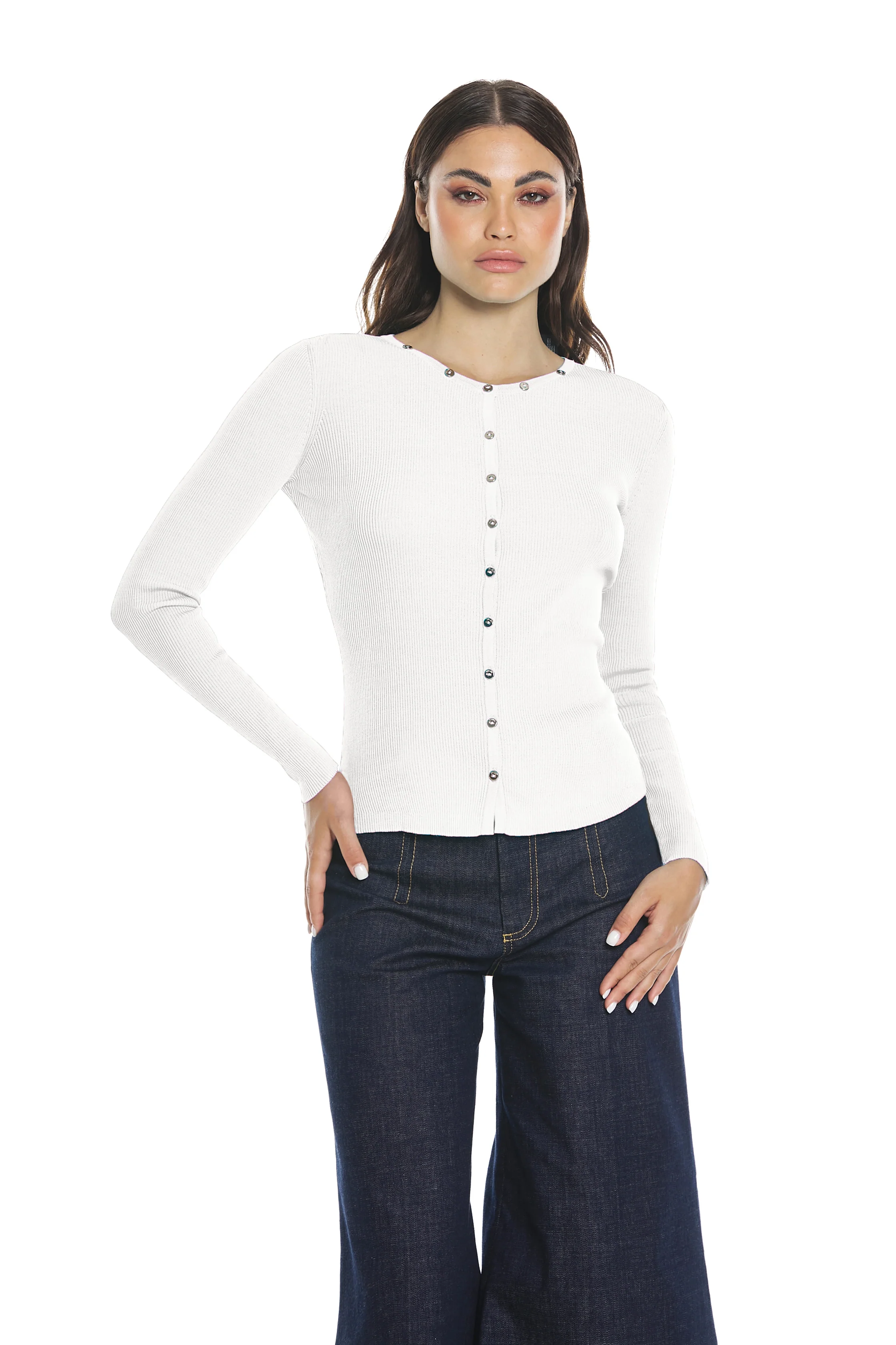 Cardigan BLENDA manica lunga con bottoncini bordi costina - Image 7