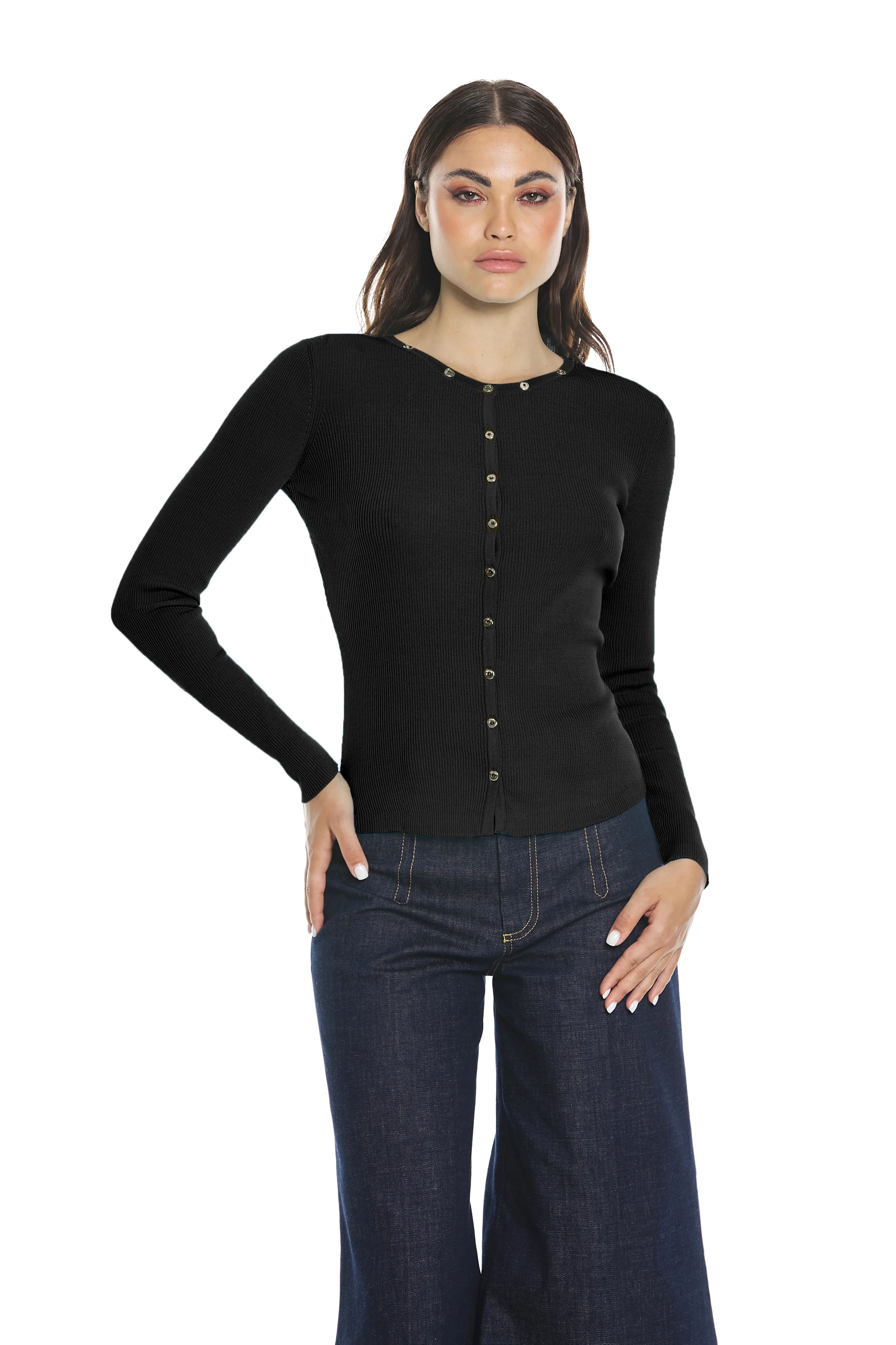 Cardigan BLENDA manica lunga con bottoncini bordi costina - Image 8