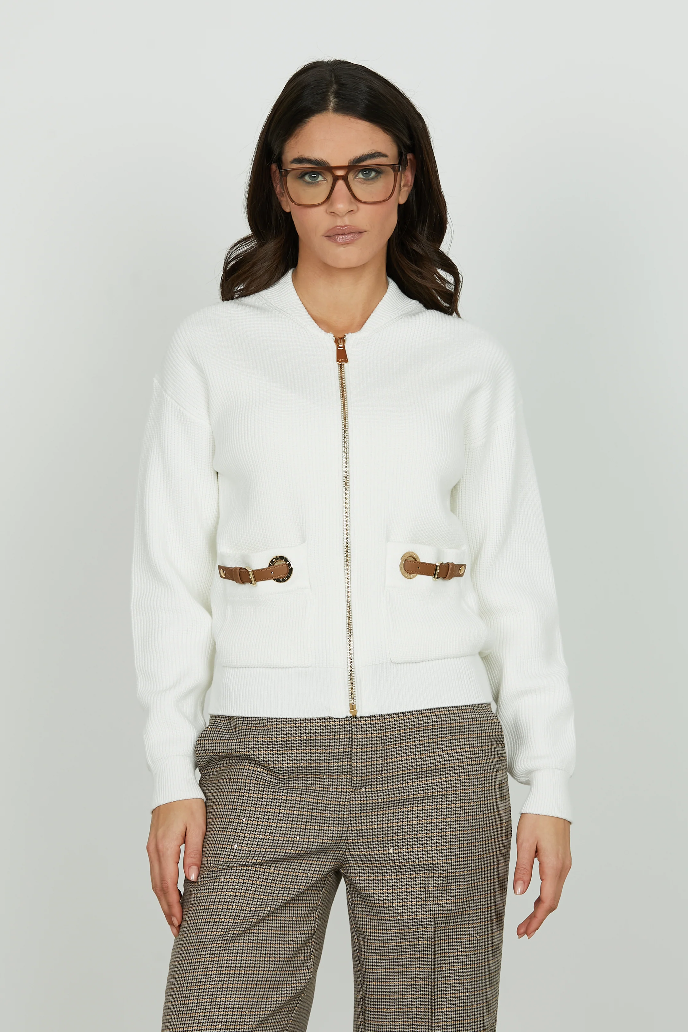 Cardigan CASTELROSSO manica lunga con zip più tasche più cinturini ecopelle