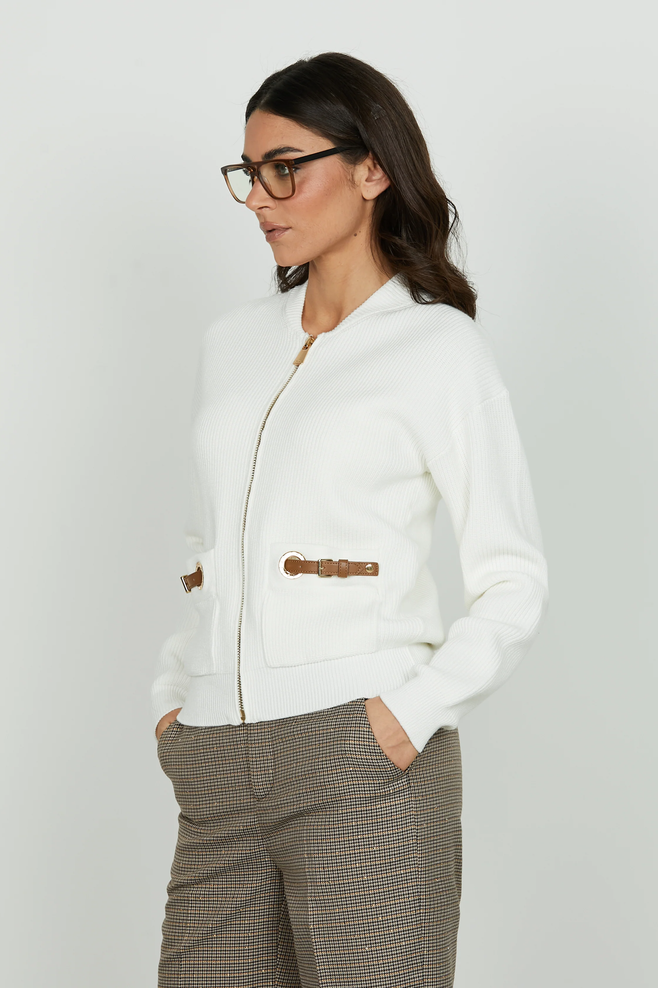 Cardigan CASTELROSSO manica lunga con zip più tasche più cinturini ecopelle - Image 2