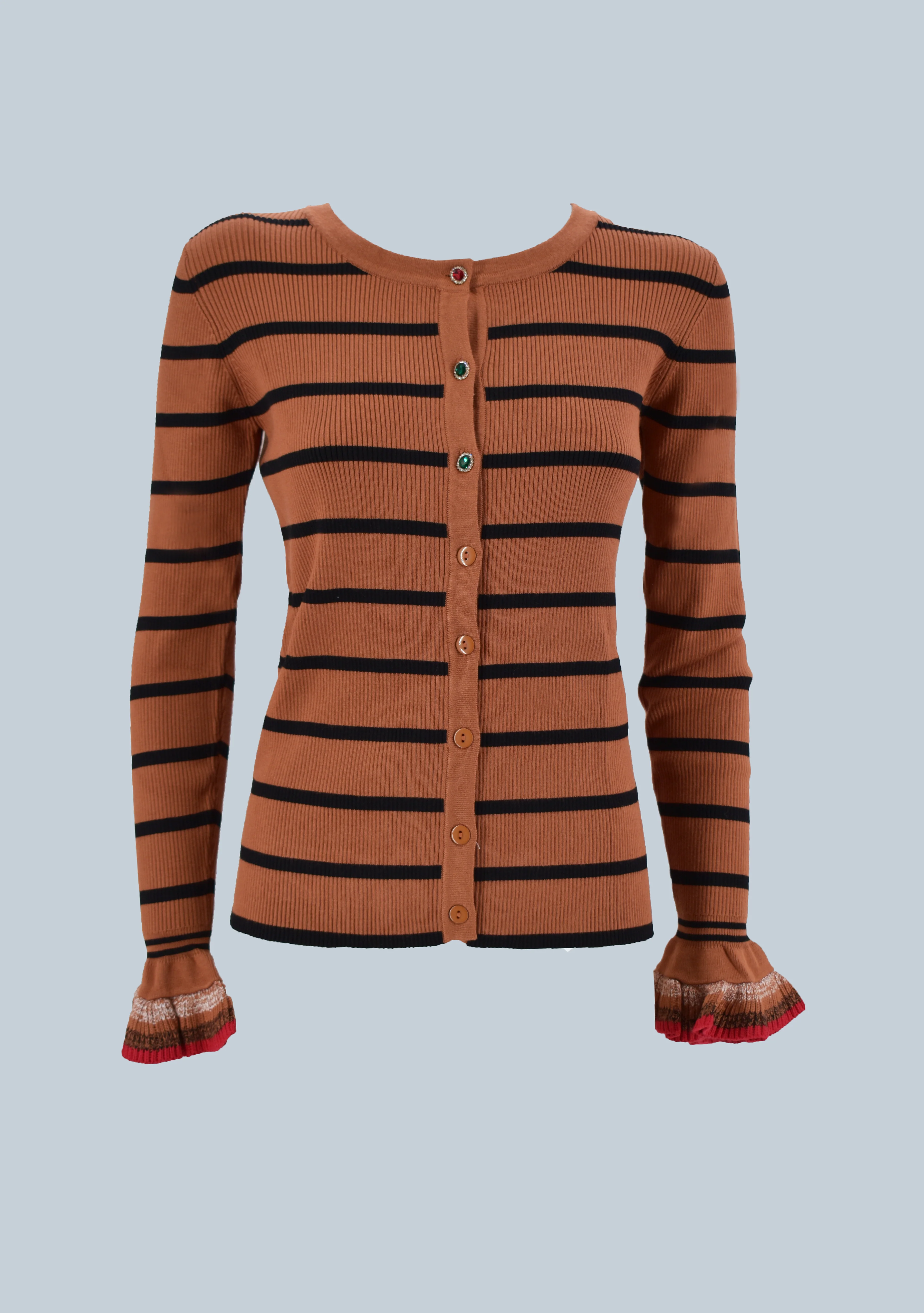Cardigan CHARM manica lunga con rouches con bottoni gioiello costina più righe - Image 4