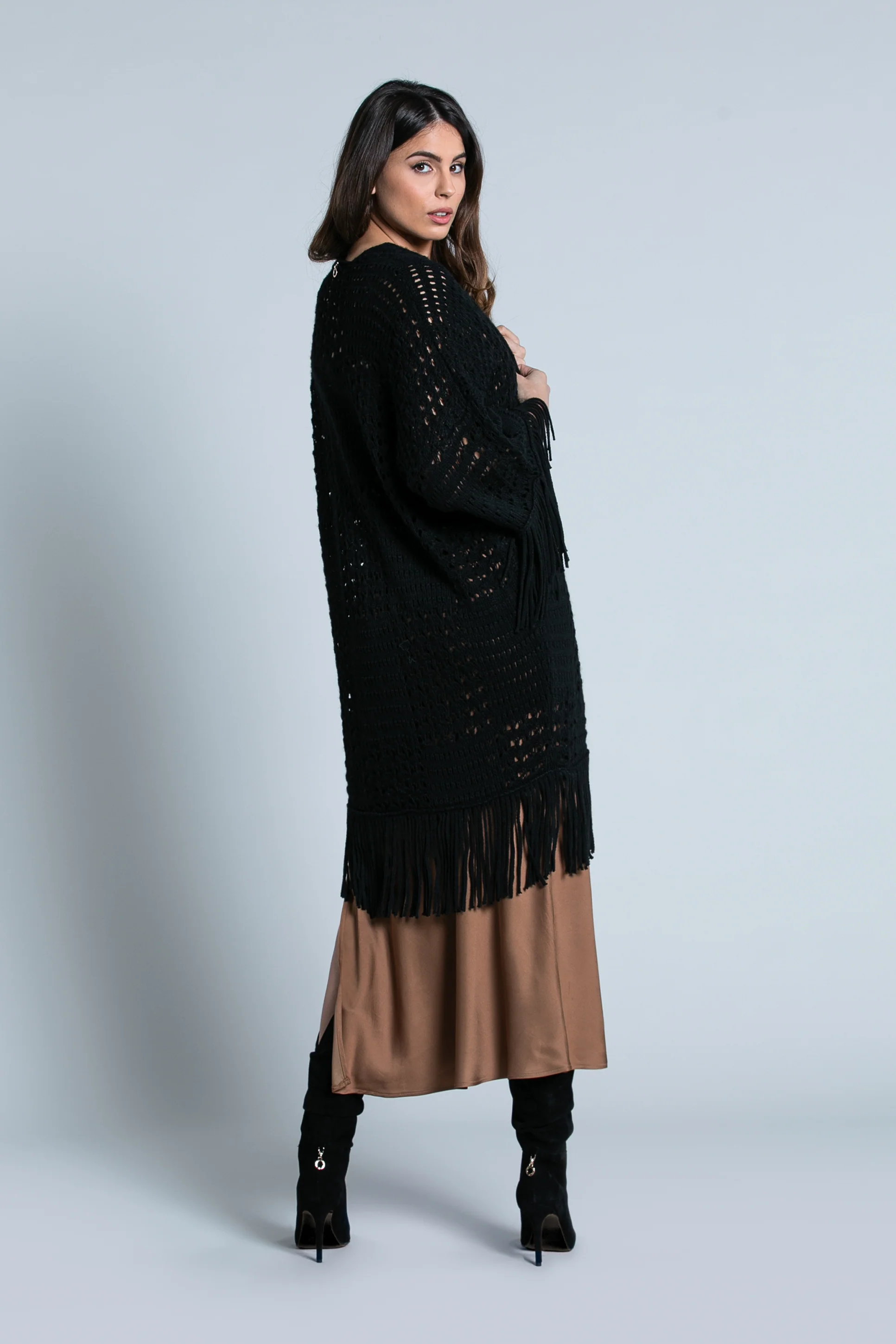 Cardigan MONIA maniche a 3/4 traforato con frange - Image 2