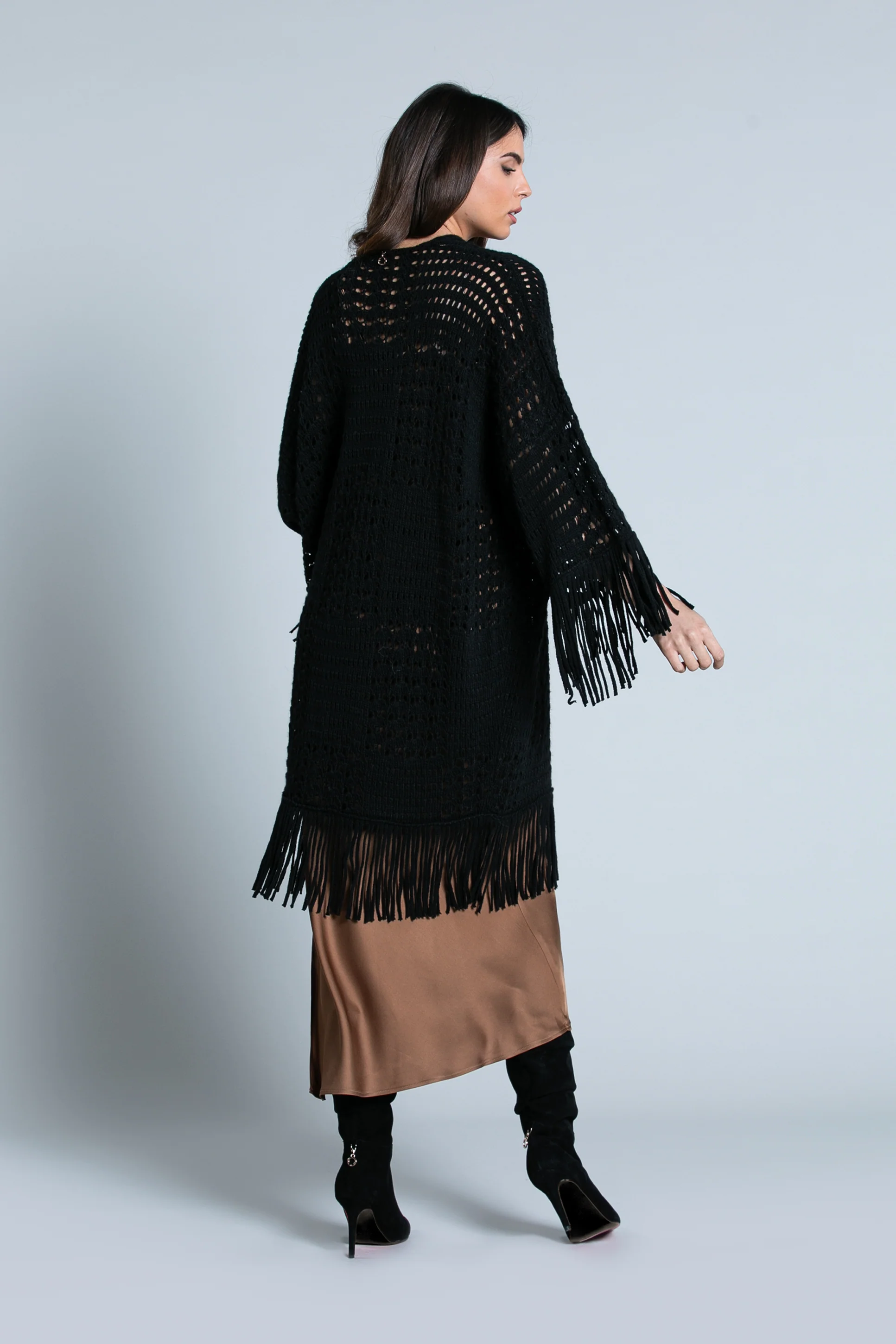 Cardigan MONIA maniche a 3/4 traforato con frange - Image 3