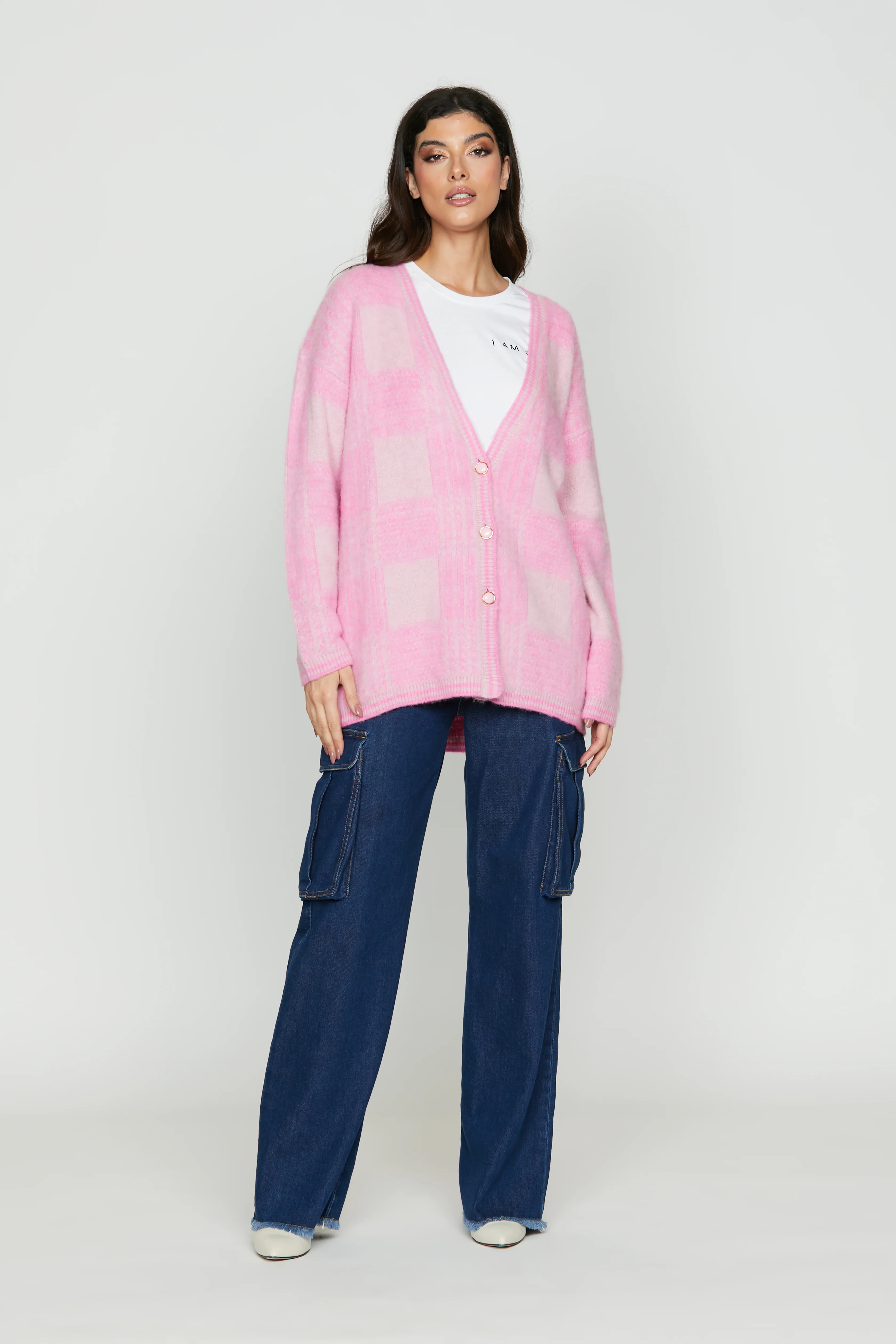 Cardigan OLIVERAS manica lunga con bottoni gioiello più jacquard quadri - Image 4