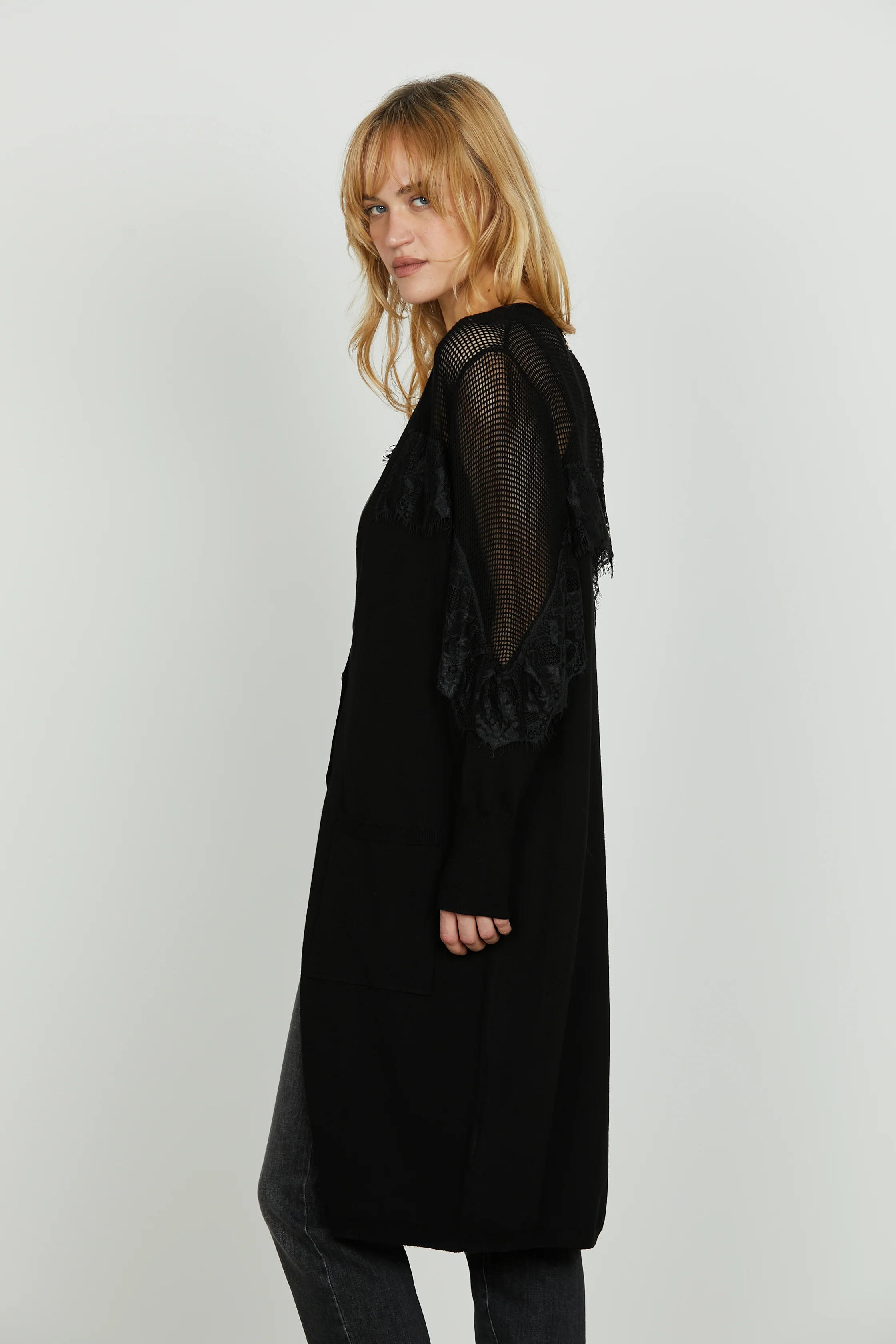 Cardigan PERLITA lungo manica lunga con inserti rete più pizzo - Image 2