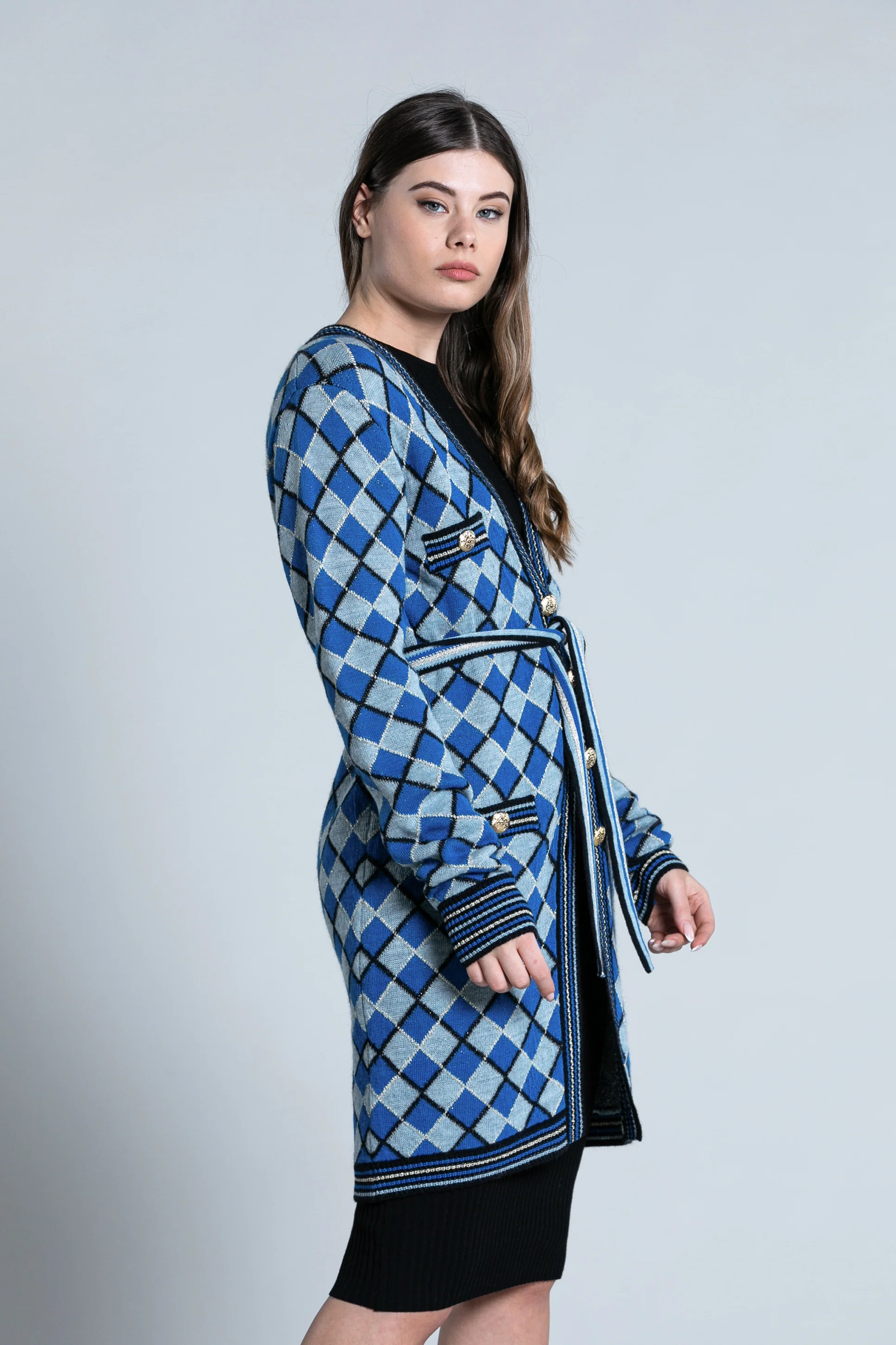 Cardigan SHAN lungo manica lunga con patte più bottoni rombi multicolor più lurex - Image 2