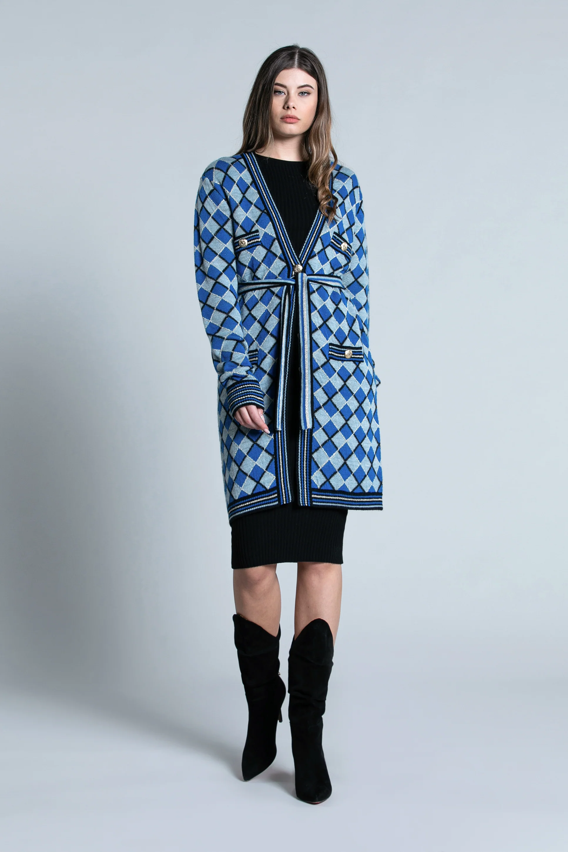 Cardigan SHAN lungo manica lunga con patte più bottoni rombi multicolor più lurex - Image 4