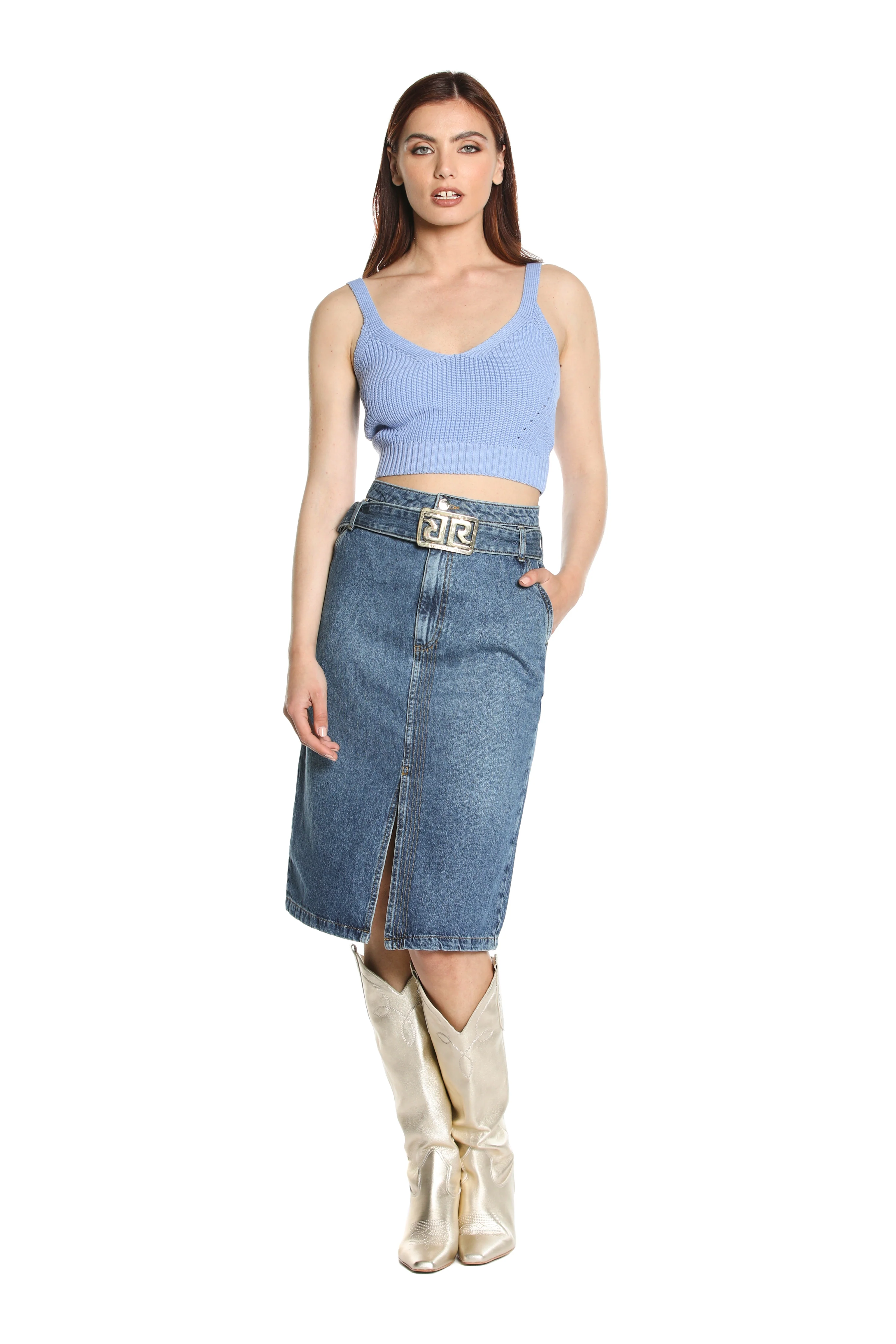 Longuette ALTIRESA v.alta con doppio cinturino più spacchi più cintura logo denim - Image 4