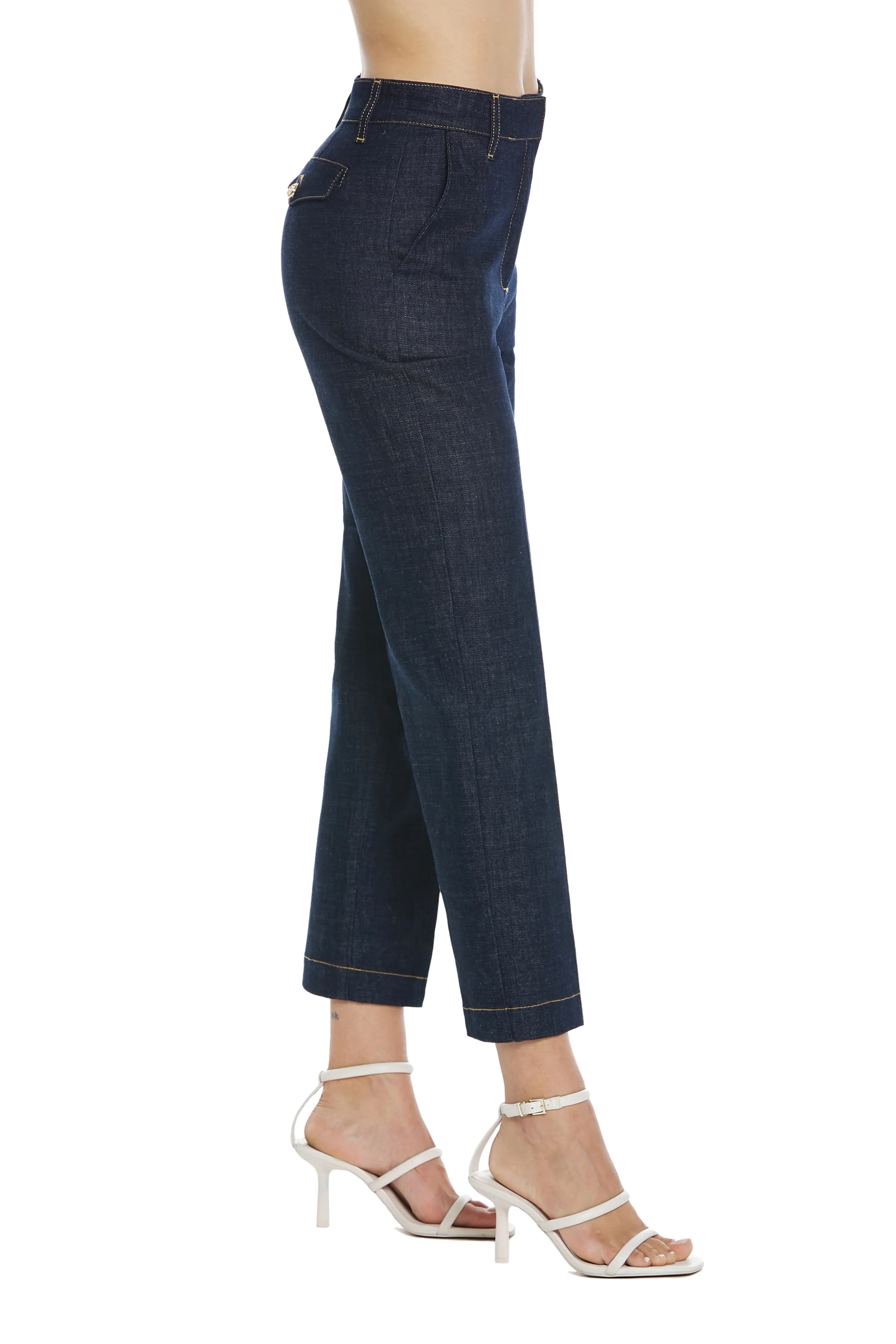 Panta IVAR vita alta con patte più bottoni chinos gamba dritta denim blu - Image 2