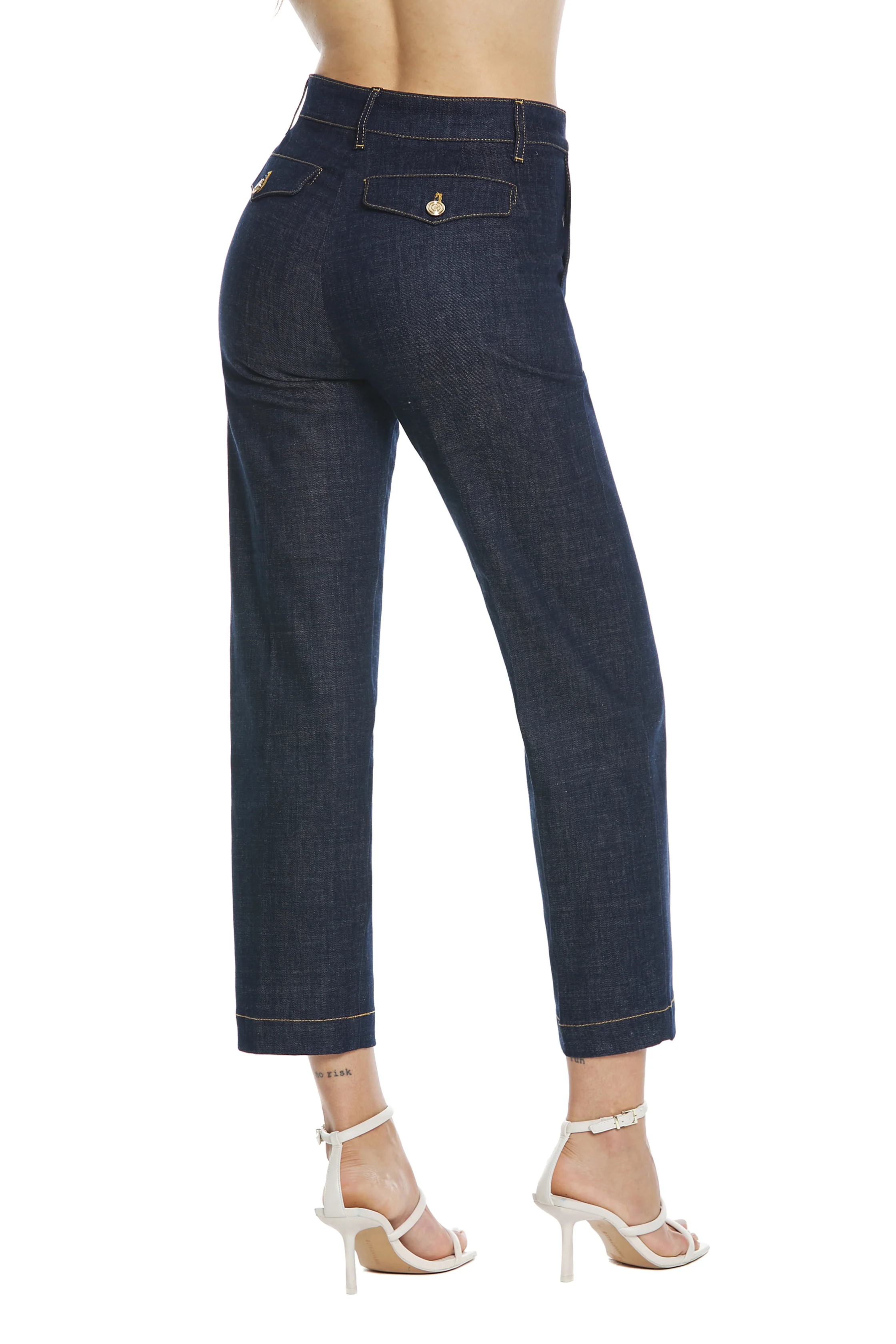 Panta IVAR vita alta con patte più bottoni chinos gamba dritta denim blu - Image 3