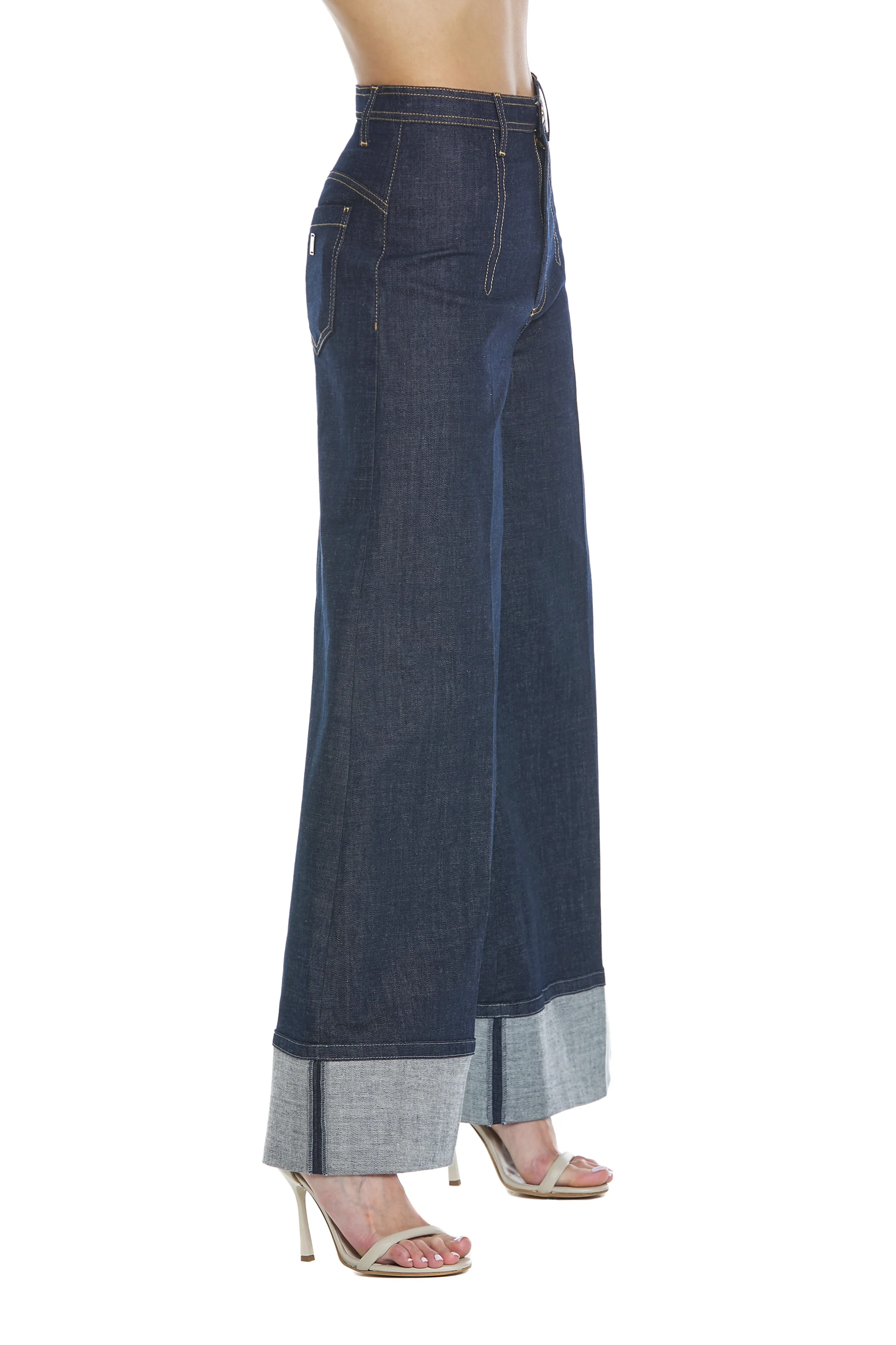Panta SIGGY vita alta con dettagli impunture gamba palazzo denim blu - Image 3