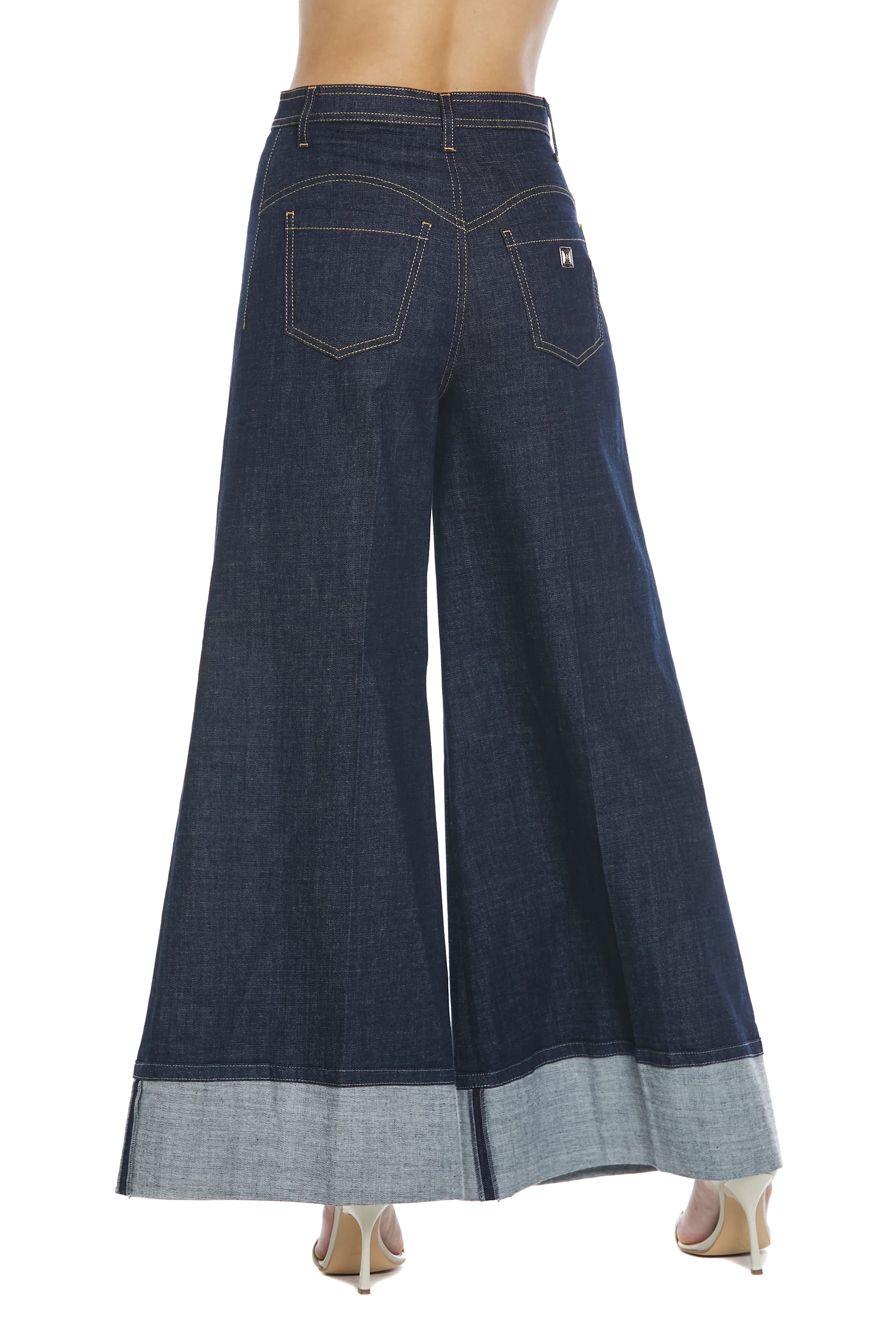 Panta SIGGY vita alta con dettagli impunture gamba palazzo denim blu - Image 5