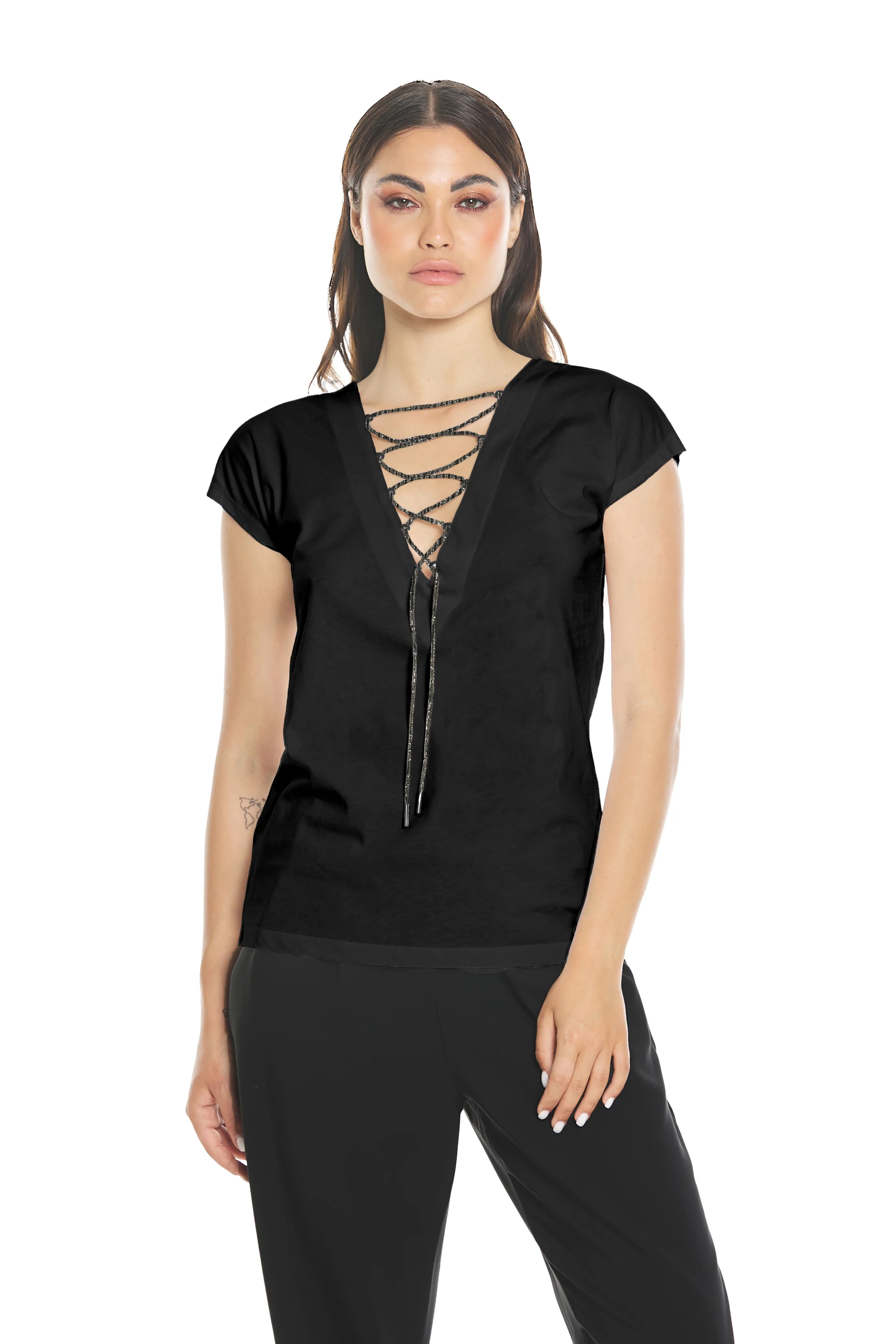 T-shirt CETUSIN mezza manica scollo v con laccio strass - Image 6