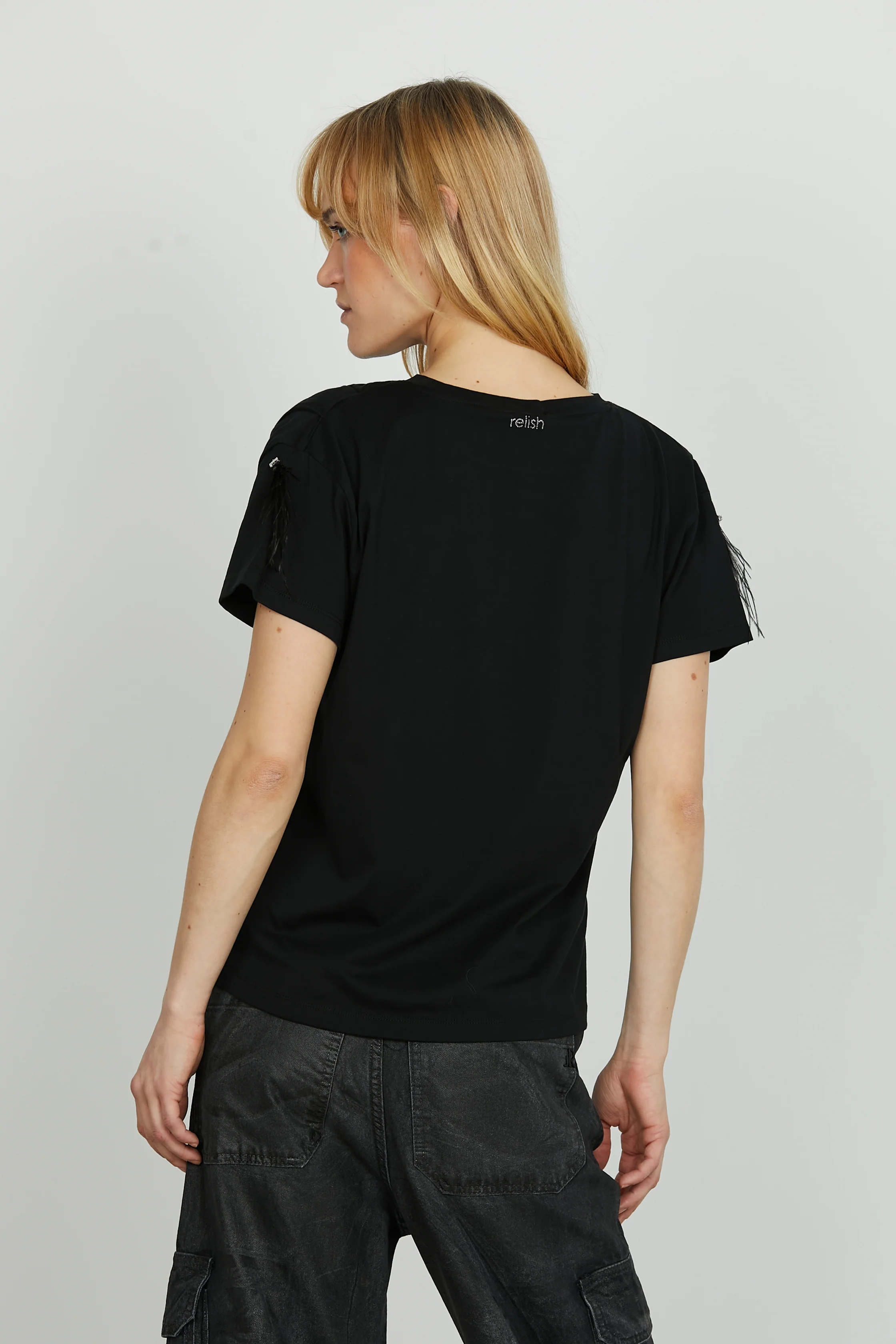 T-shirt PLUME mezza manica con piume più pietre - Image 3