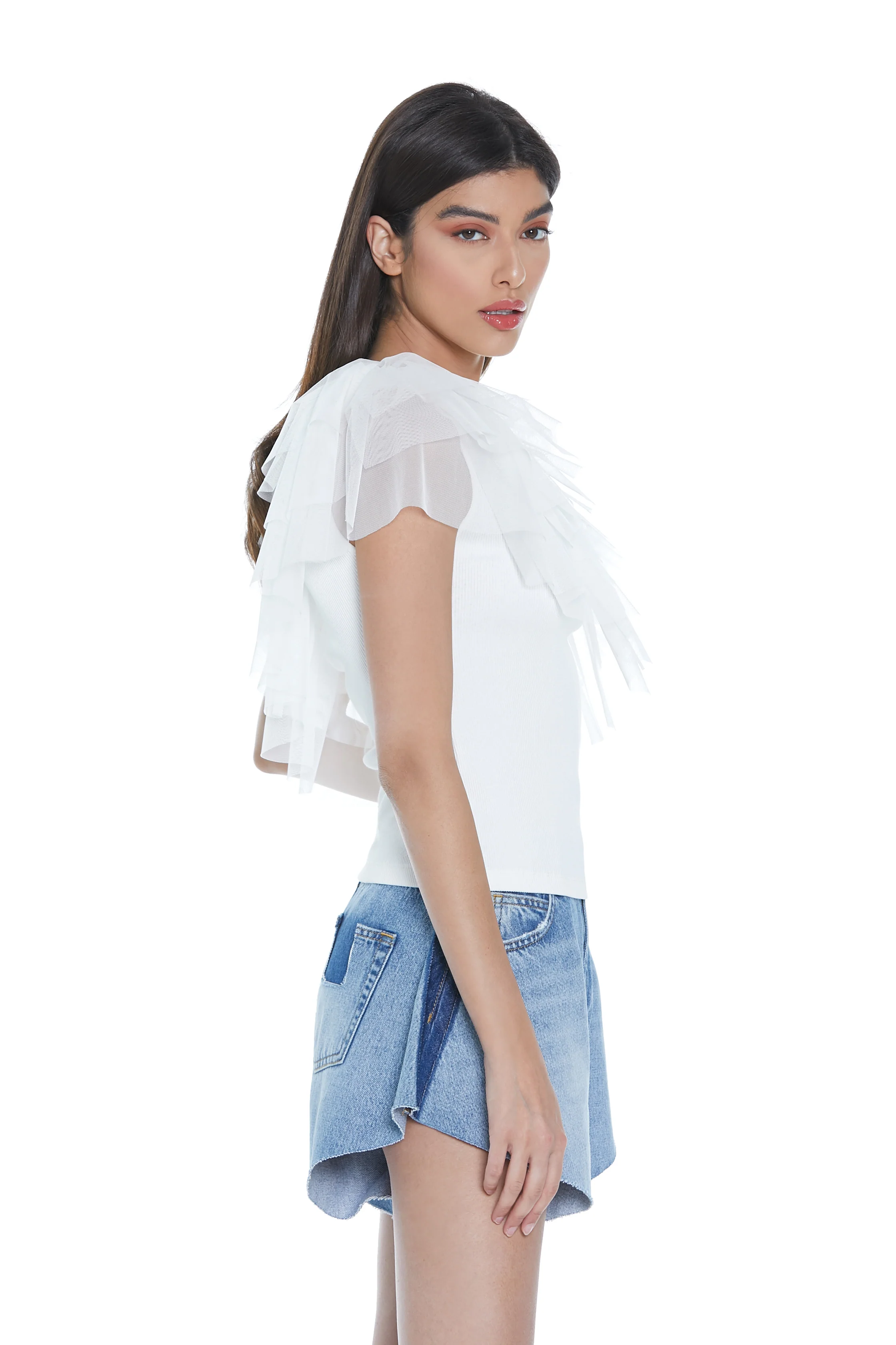 T-shirt RIKU mezza manica monospalla con tulle - Image 4