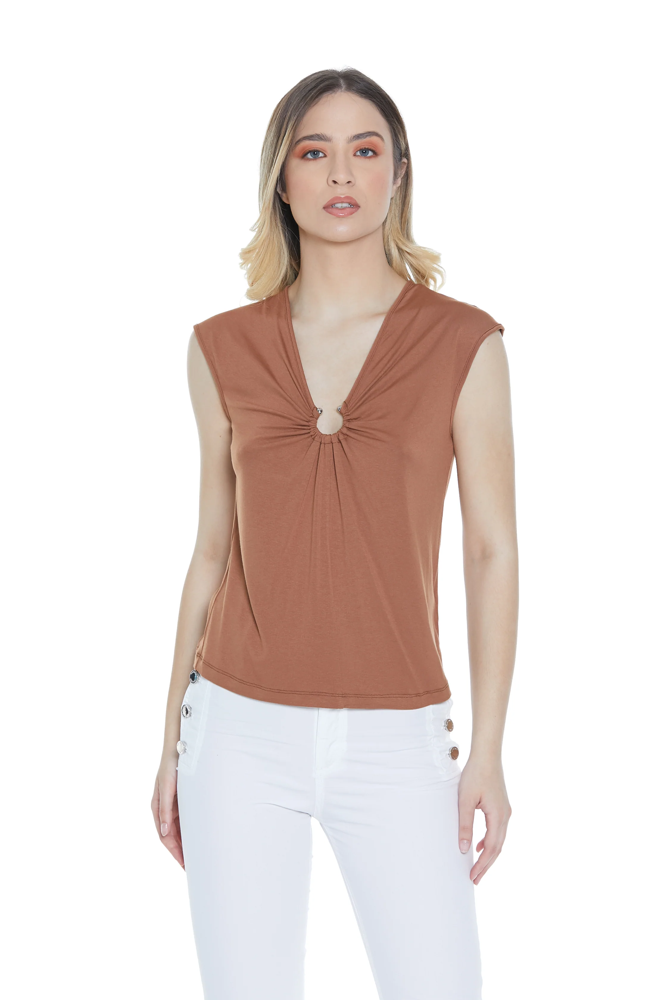 T-shirt ROMI mezza manica aletta scollo v con anello - Image 3