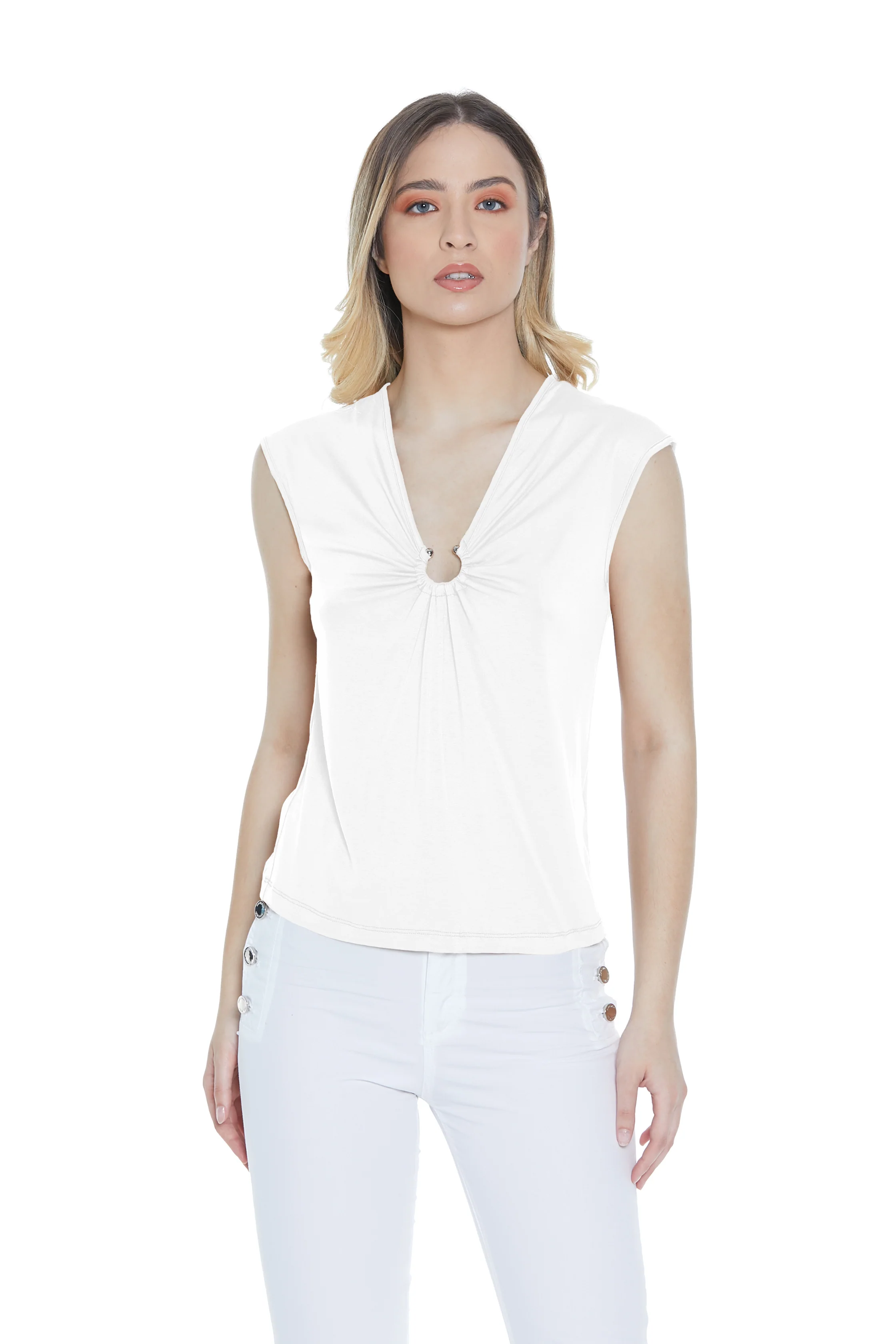 T-shirt ROMI mezza manica aletta scollo v con anello - Image 4