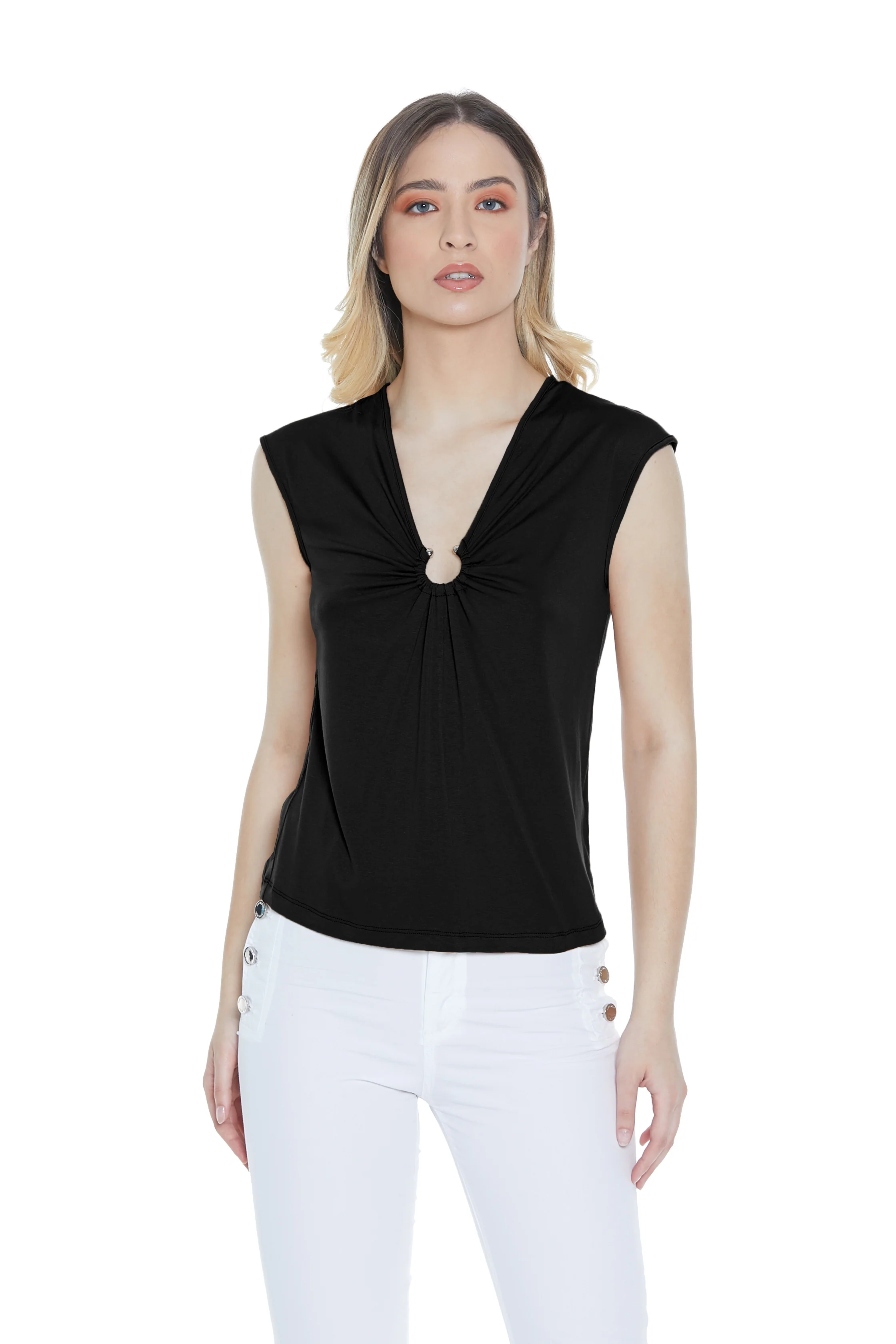 T-shirt ROMI mezza manica aletta scollo v con anello - Image 5